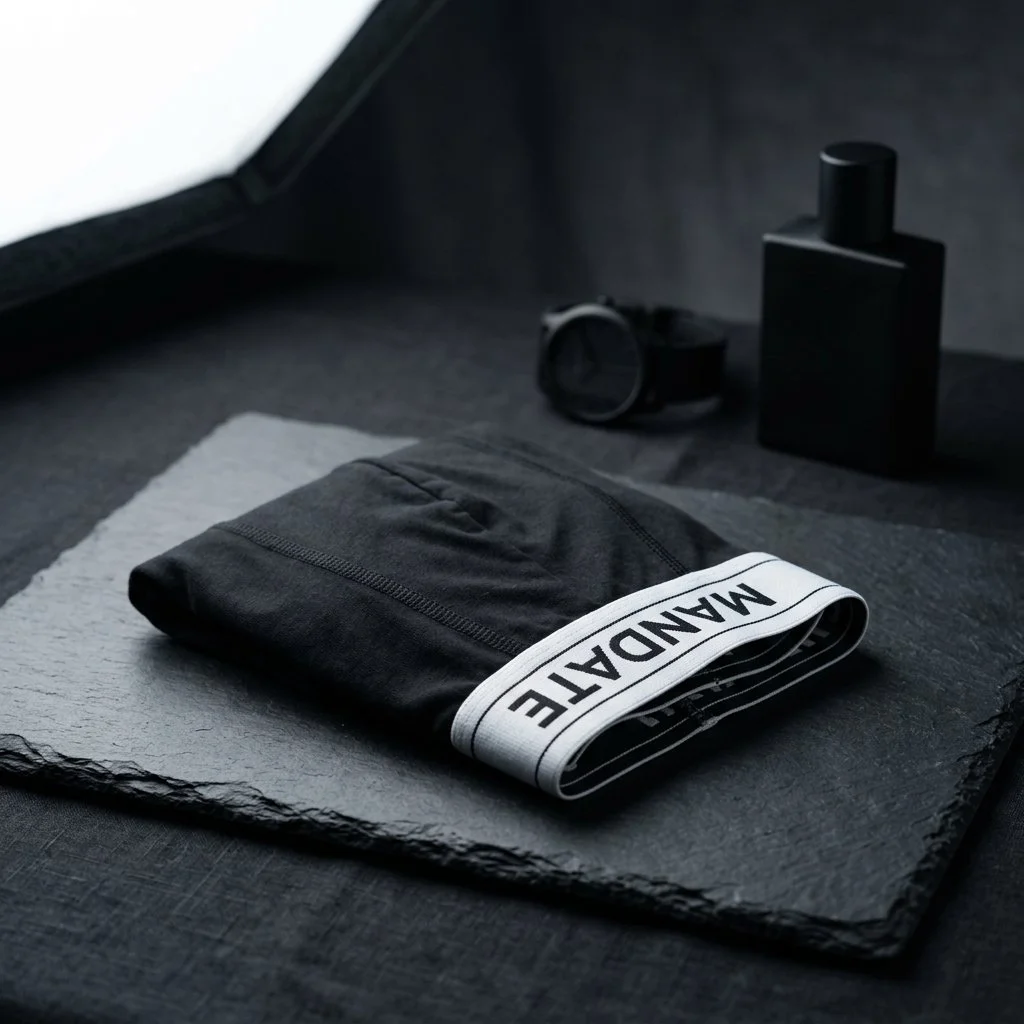 Folded black Mandate Signature Boxer Brief with a white logo waistband on dark slate