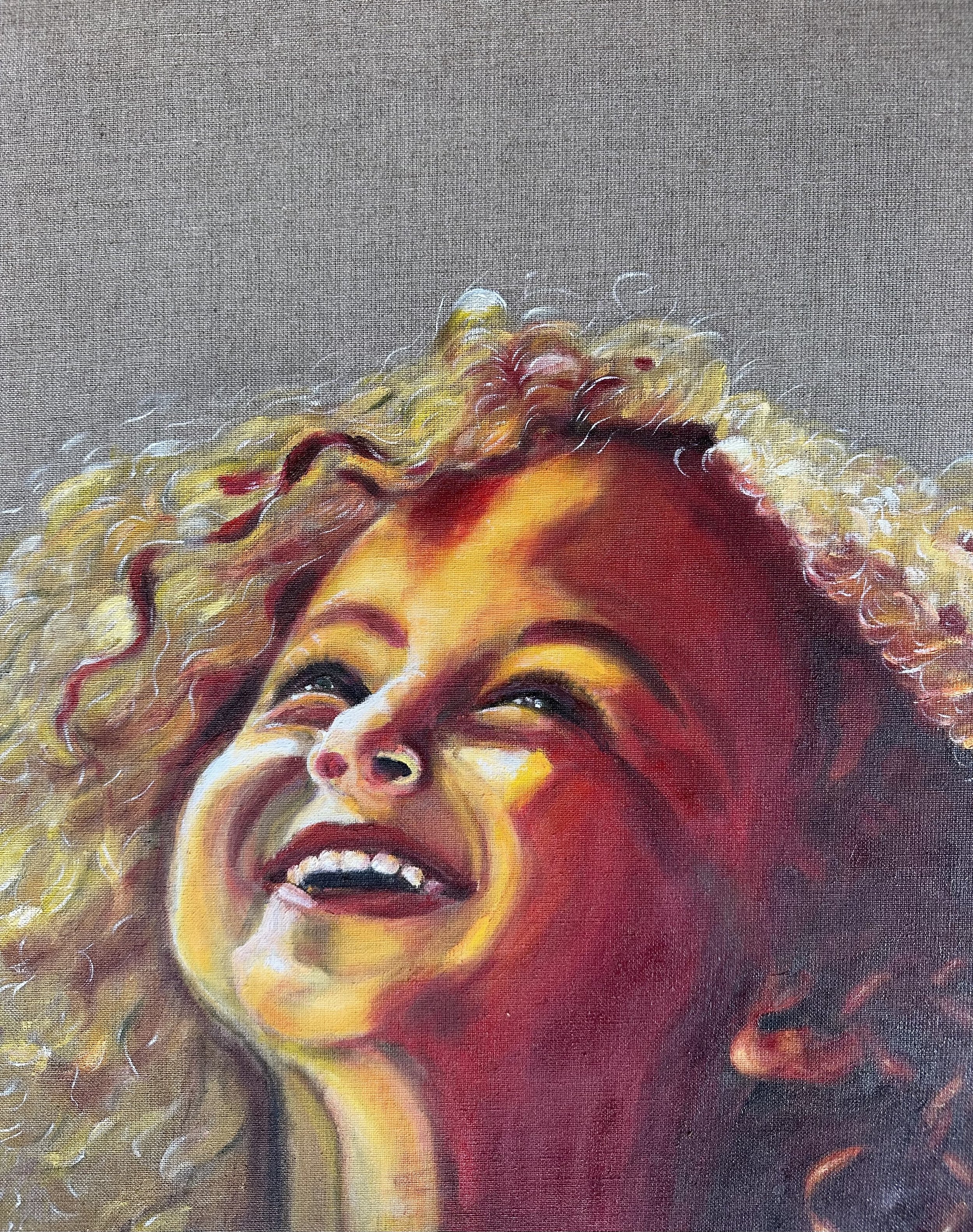 NAME: Girl with the Light Within
DESCRIPTION: Here you see a radiant girl with a happy smile. The light is shining brightly on her face, but it is the lights in her eyes that really shine and bring hope. As part of a series of three paintings, in whi