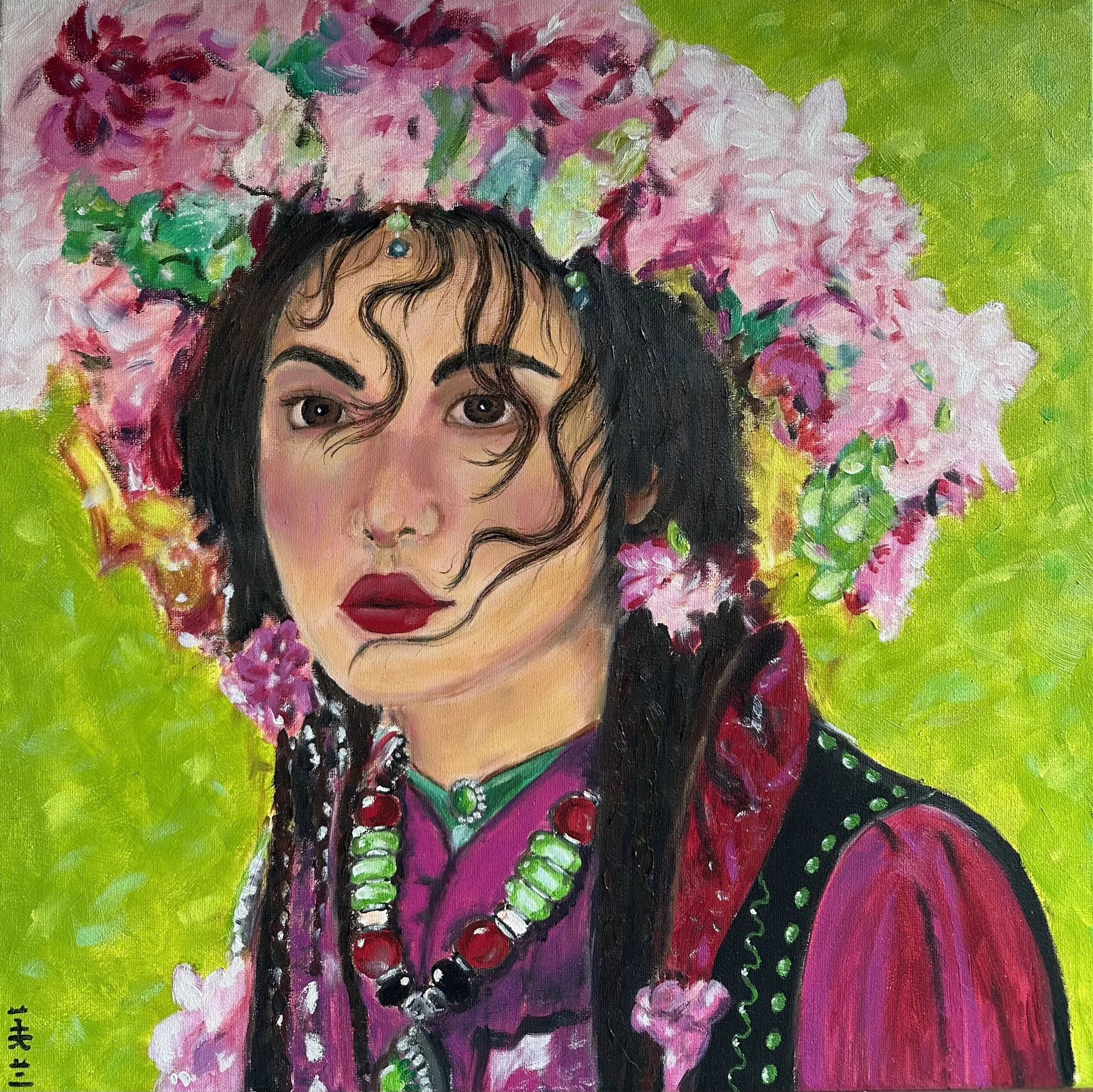 NAME: Flower Girl
DESCRIPTION: The painting presents a portrait of a young woman with long, black hair, adorned with a vibrant flower wreath in various shades of pink. Her traditional clothing, rich in detail and texture, speaks to cultural heritage 