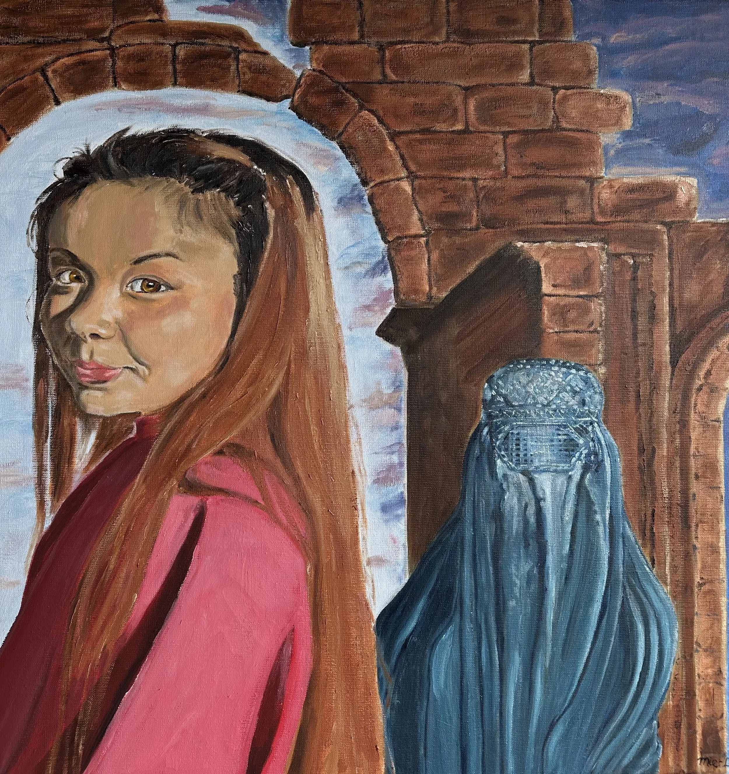 NAME: Somaya II
DESCRIPTION: This powerful painting captures the essence of Somaya, a young refugee from Afghanistan who, alongside her younger sister, fled the Taliban regime at the ages of 12 and 14. The artwork depicts Somaya turning her back on t