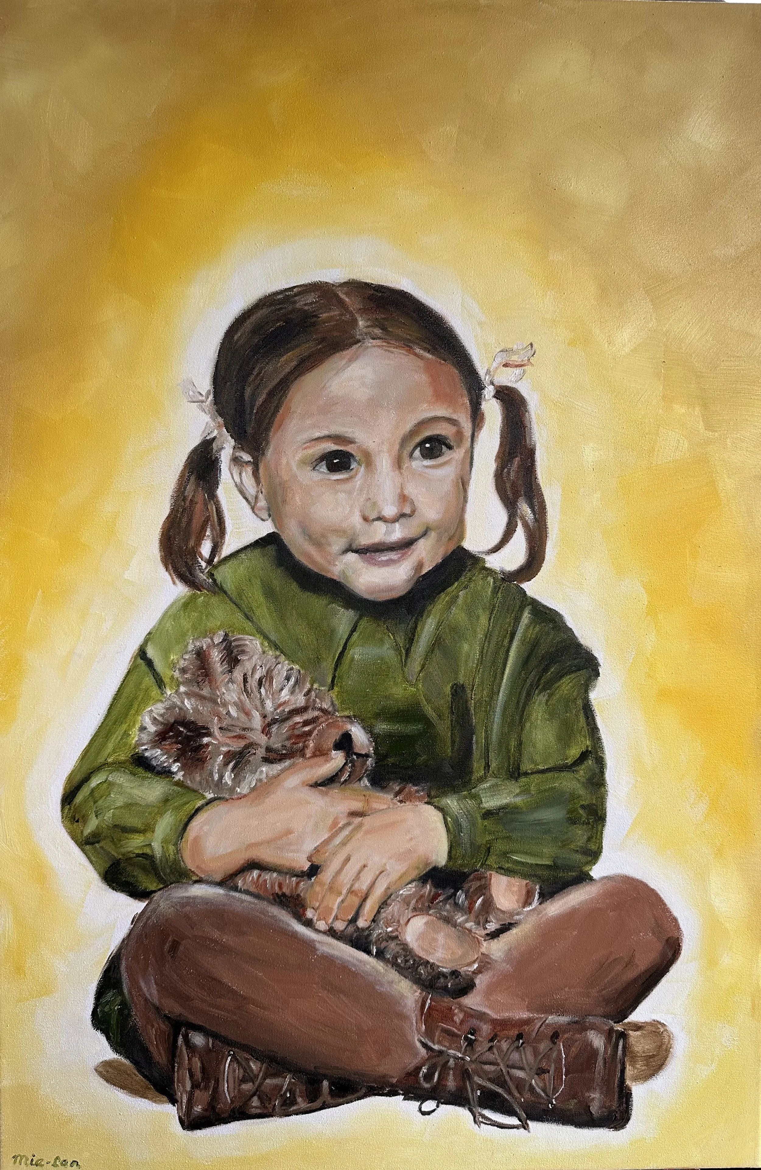 NAME: Mie-Lan I DESCRIPTION: This painting depicts myself around the age of three, sitting cross-legged and holding a teddy bear close in my hands. The little girl, with two playful pigtails, looks outward with a sweet, open smile. The softly glowing