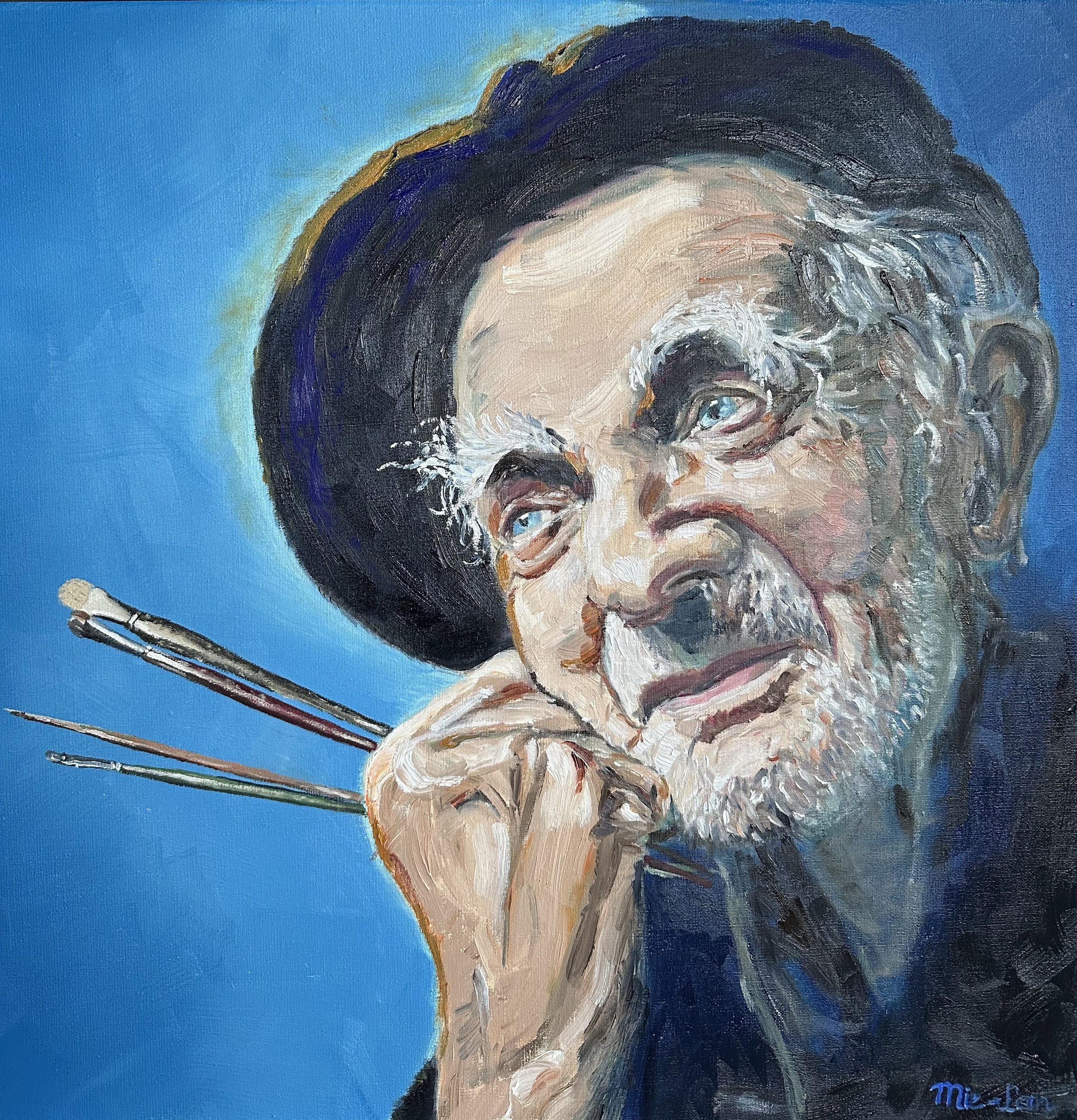 NAME: Jos Lussenburg
DESCRIPTION: A striking portrait of painter Jos Lussenburg, captured as an older man with a face full of character. His expressive, brush-like eyebrows immediately draw attention, echoing the rugged charm of his artistic spirit. 