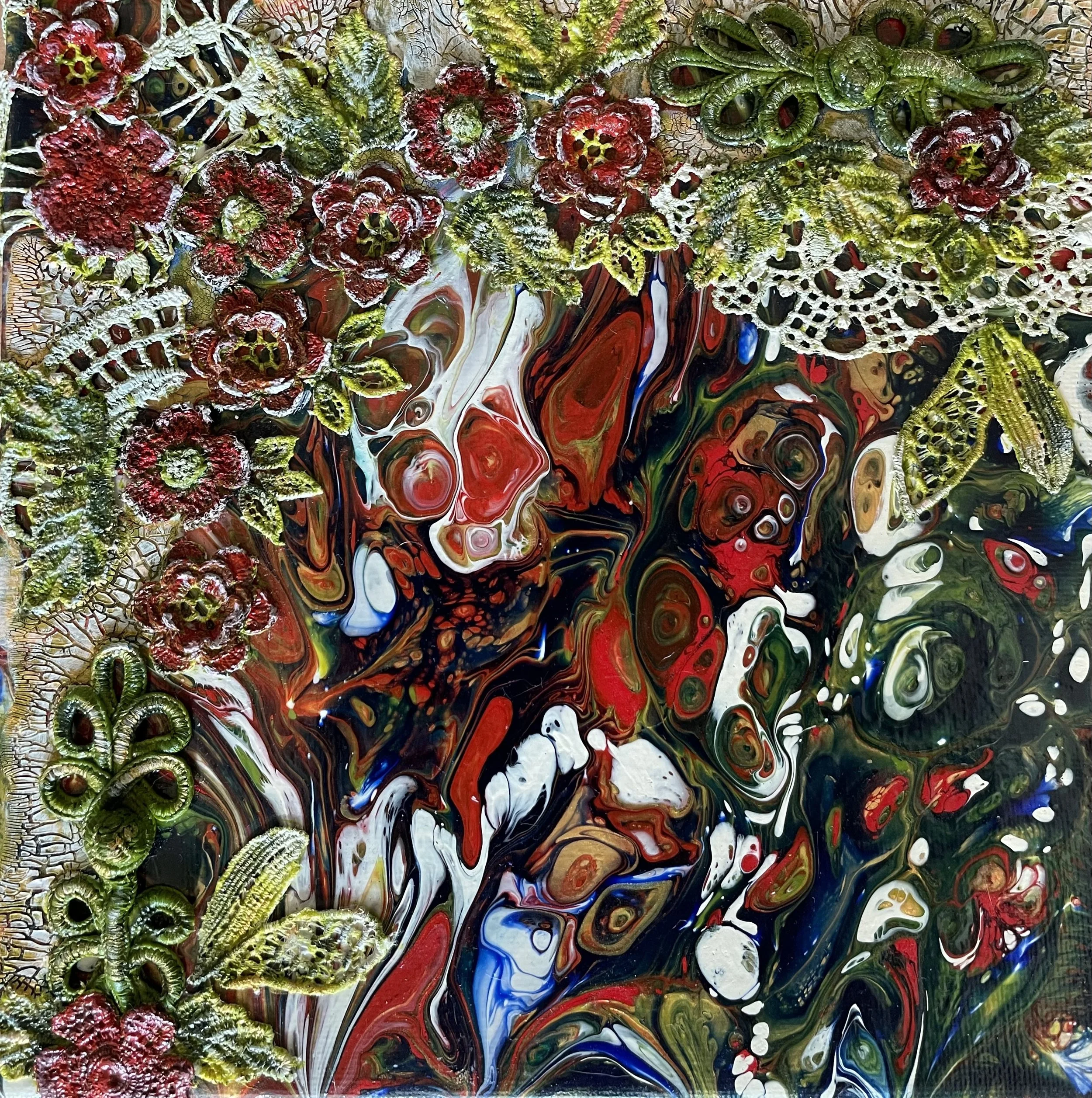 NAME: Roses are Red
DESCRIPTION: Explore the painting's surface and discover a mesmerizing interplay of textures created by pouring paint and crackle paste. The dynamic textures add depth and dimension to the artwork, imbuing it with a sense of movem