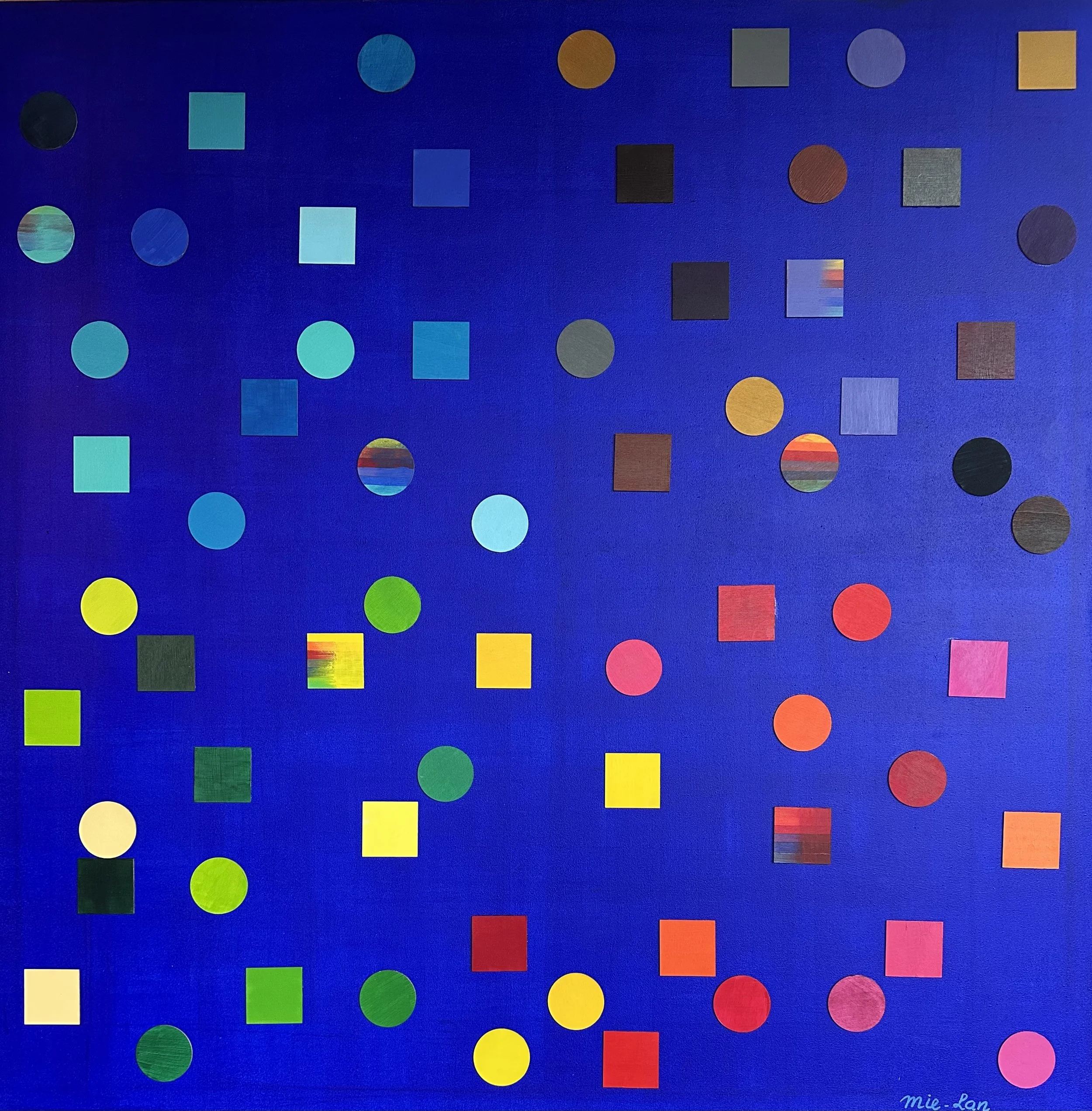 NAME: Hidden DESCRIPTION: This is an abstract painting, number 2, is one of a series of three, called From Eden to equality. Featuring a vibrant composition of brightly colored squares and circles, symbolizing men and women. Among them are a few shap