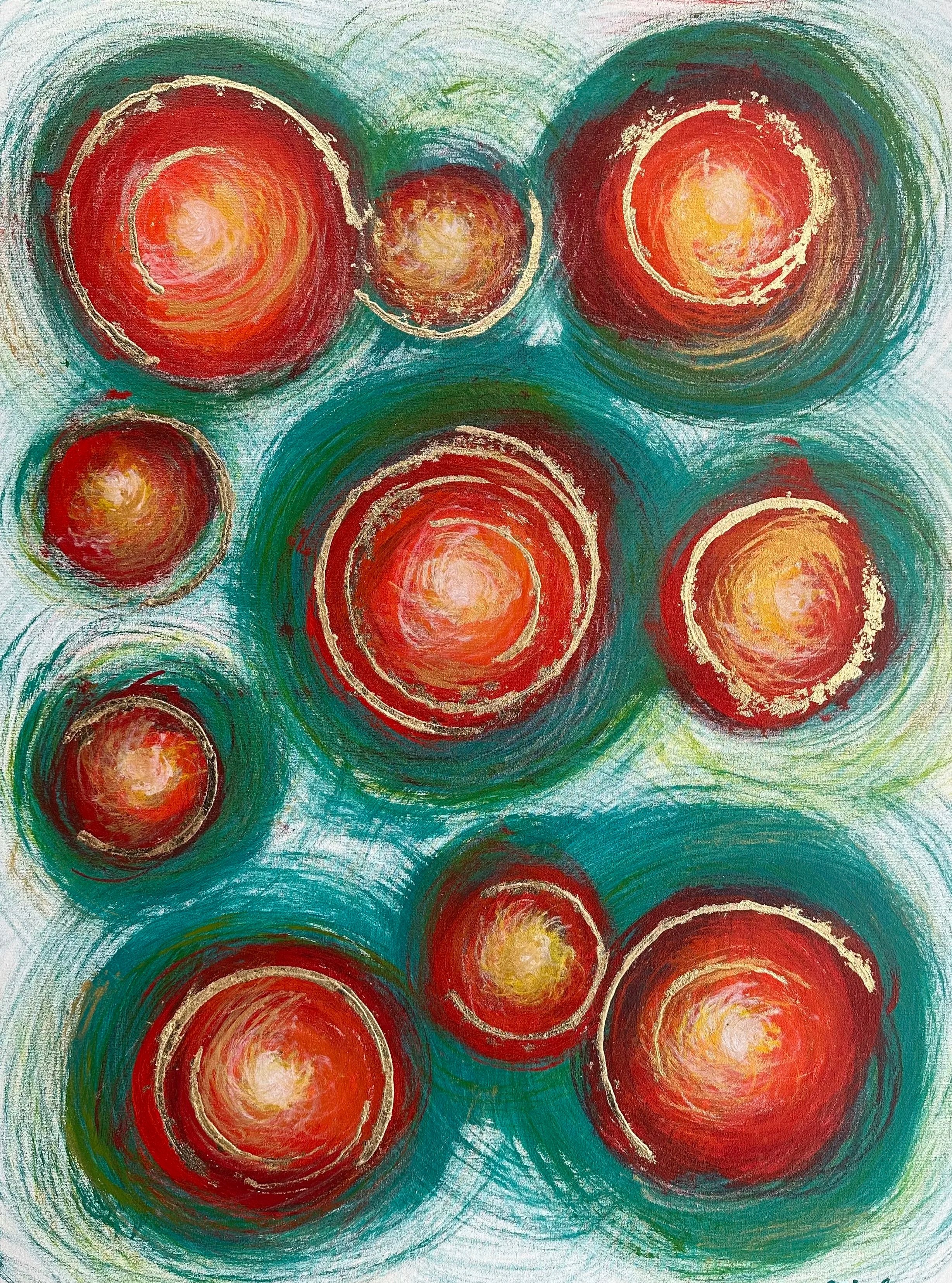 NAME: Toward the Light
DESCRIPTION: This abstract painting, the second in a series of three, features dynamic green circles touched with shades of red, orange, and yellow, all moving toward the light. Created after a challenging period, it reflects a