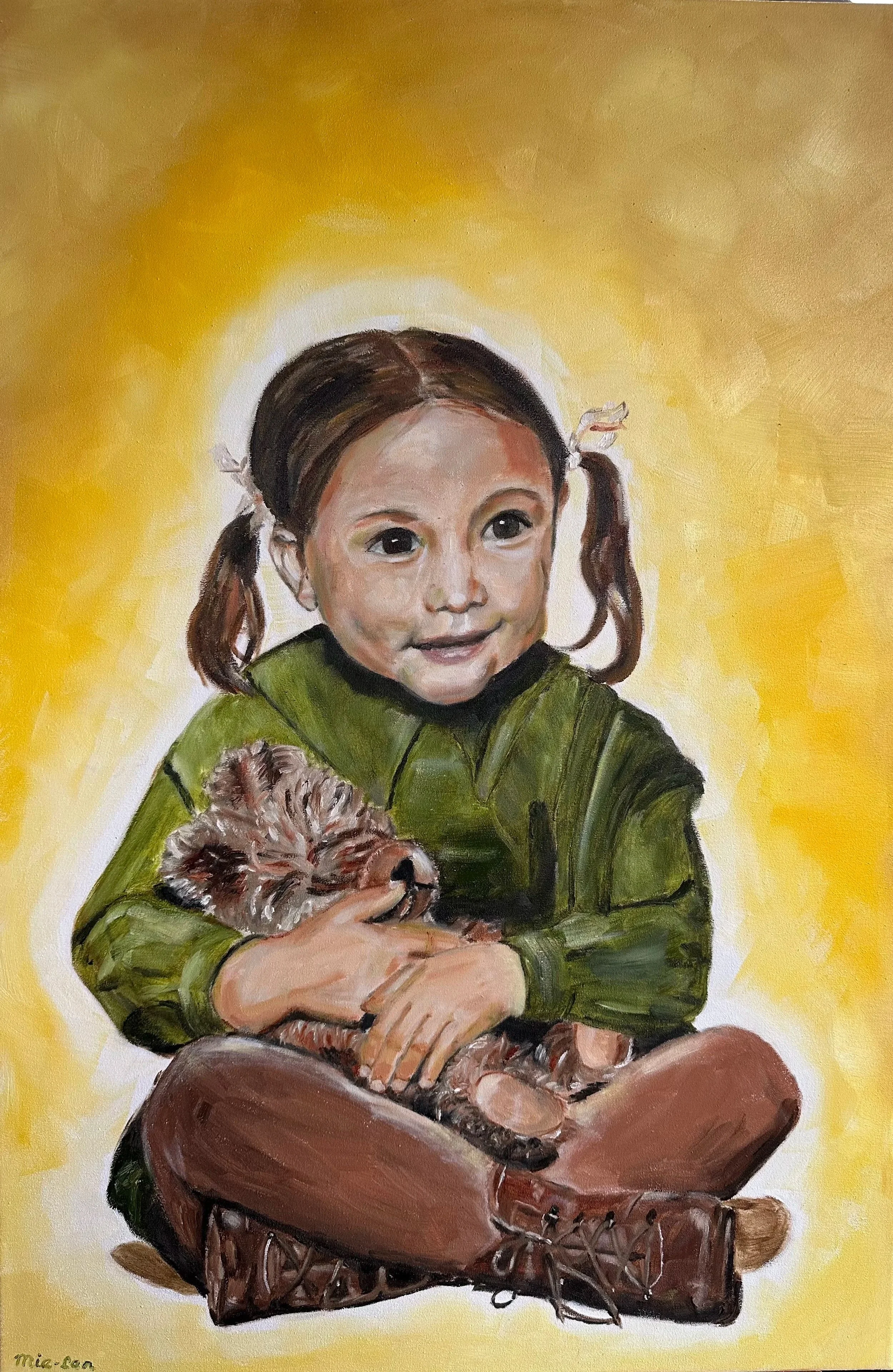 NAME: Mie-Lan I
DESCRIPTION: This painting depicts myself around the age of three, sitting cross-legged and holding a teddy bear close in my hands. The little girl, with two playful pigtails, looks outward with a sweet, open smile. The softly glowing