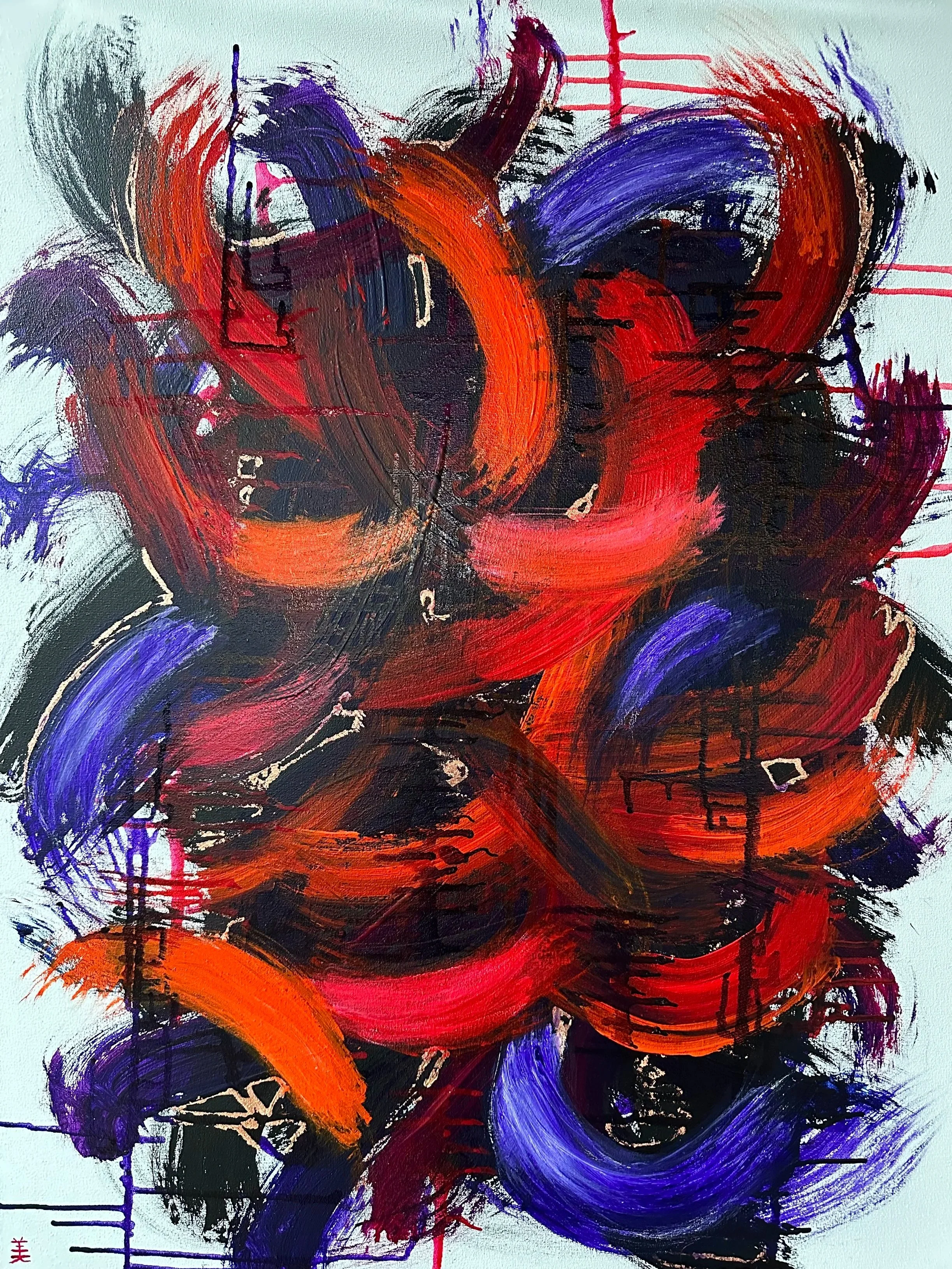 NAME: Love conquers All
DESCRIPTION: Embark on a deeply personal journey through our evocative painting, born from a challenging period in my life and painted purely by instinct. The canvas begins with bold black lines symbolizing darkness and advers