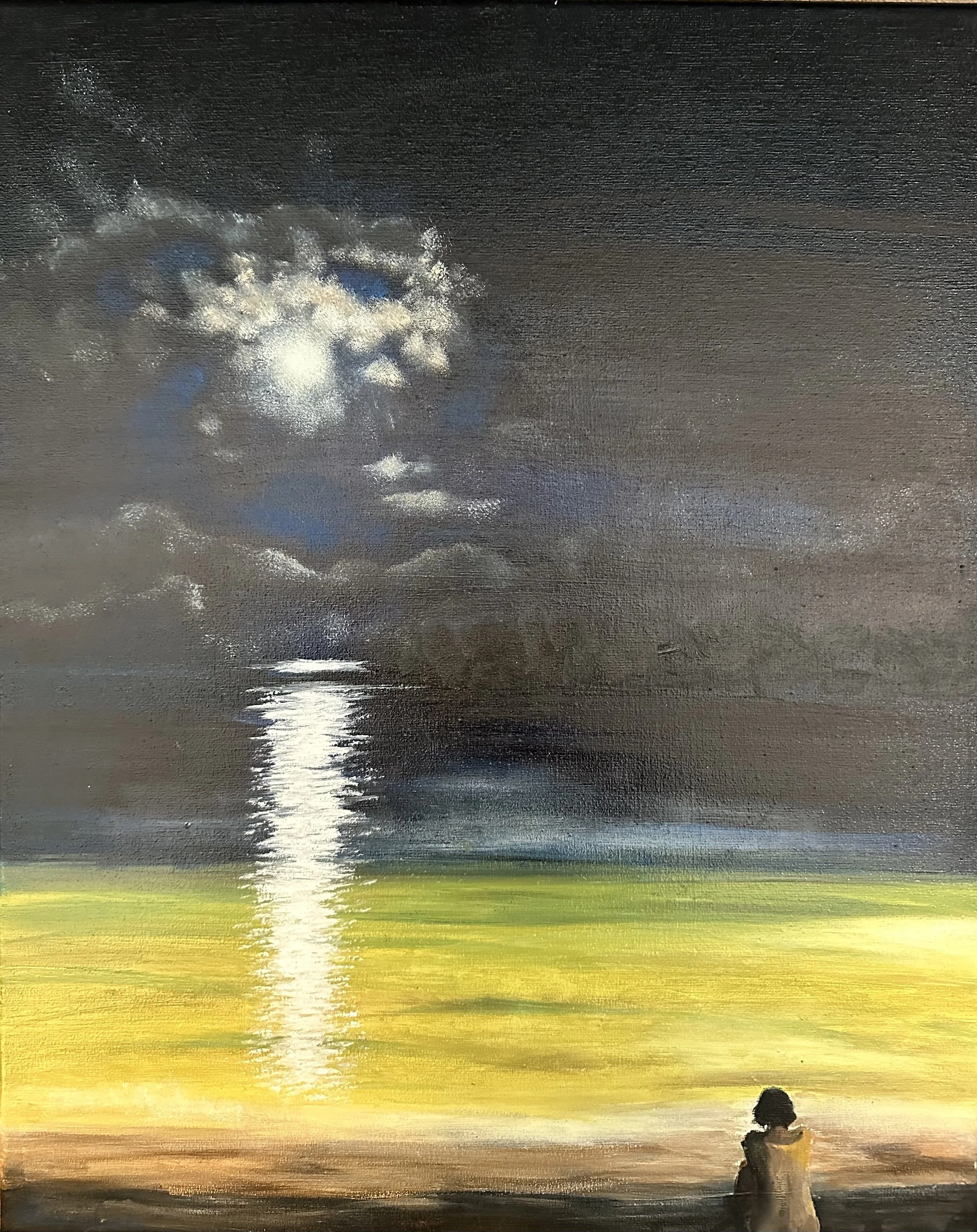 NAME: Midnight DESCRIPTION: In the painting, the woman's silhouette is bathed in the gentle glow of the moon, her figure illuminated against the darkened horizon. She sits in quiet contemplation, her thoughts as vast and endless as the ocean before h