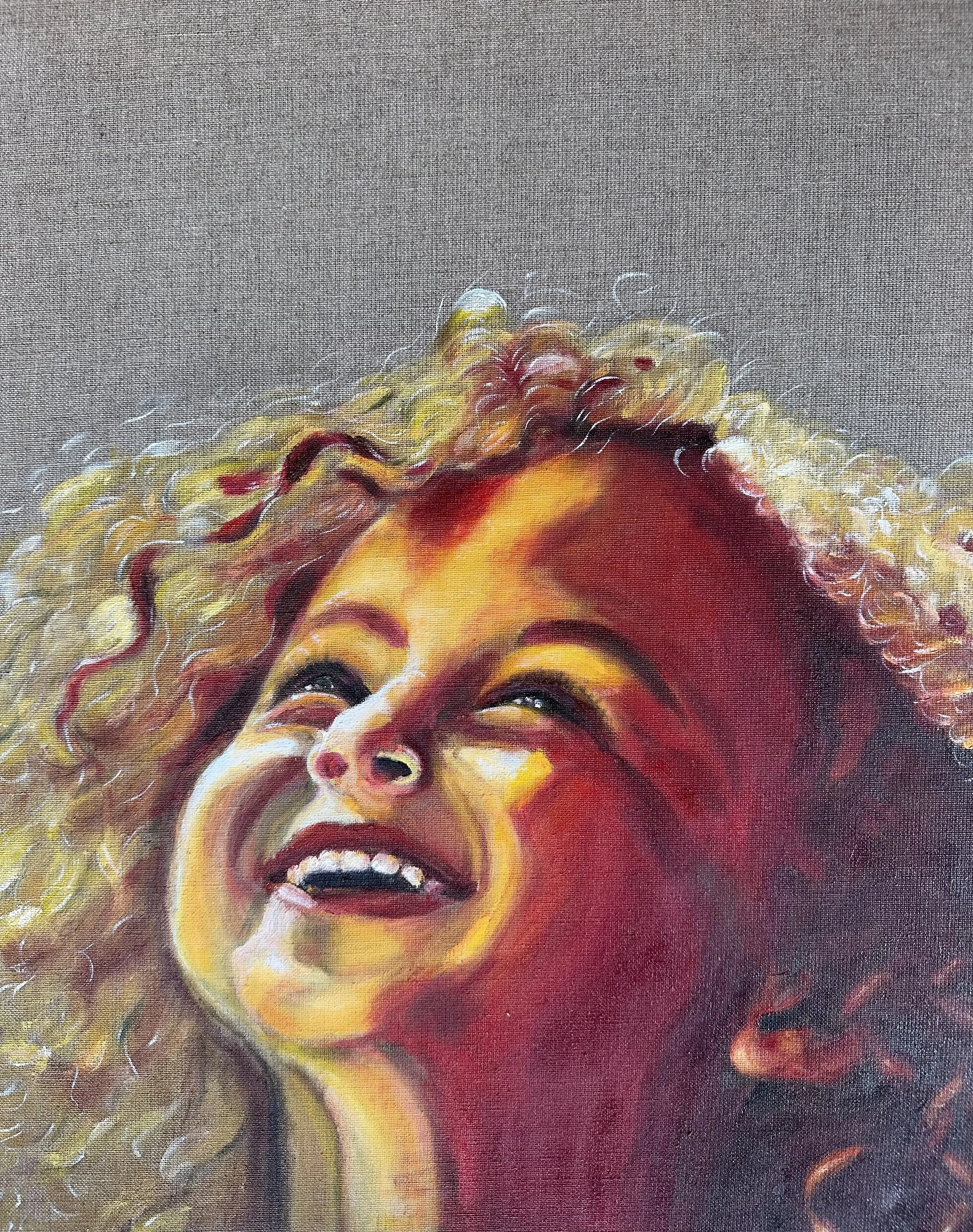 NAME: Girl with the Light Within DESCRIPTION: Here you see a radiant girl with a happy smile. The light is shining brightly on her face, but it is the lights in her eyes that really shine and bring hope. As part of a series of three paintings, in whi