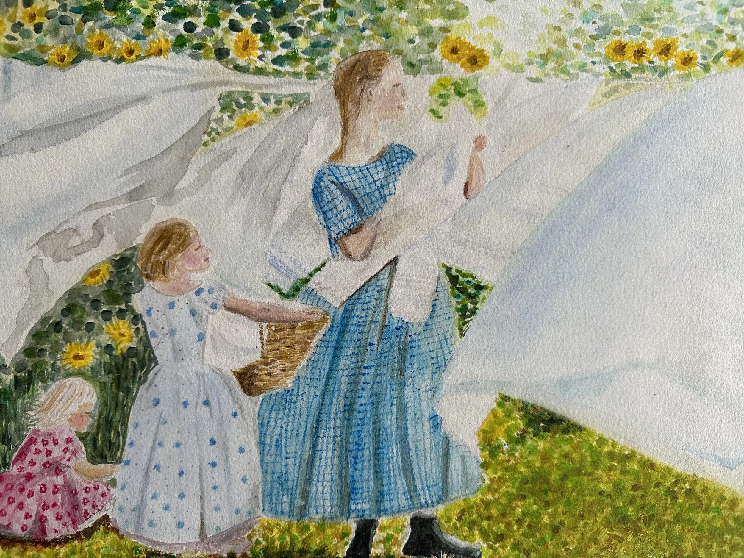 NAME: The Laundry
DESCRIPTION: The heart of the painting lies in the tender interaction between the mother and her two daughters as they work together to complete the household chores. Set against a backdrop of a sunlit garden or cozy backyard, the a