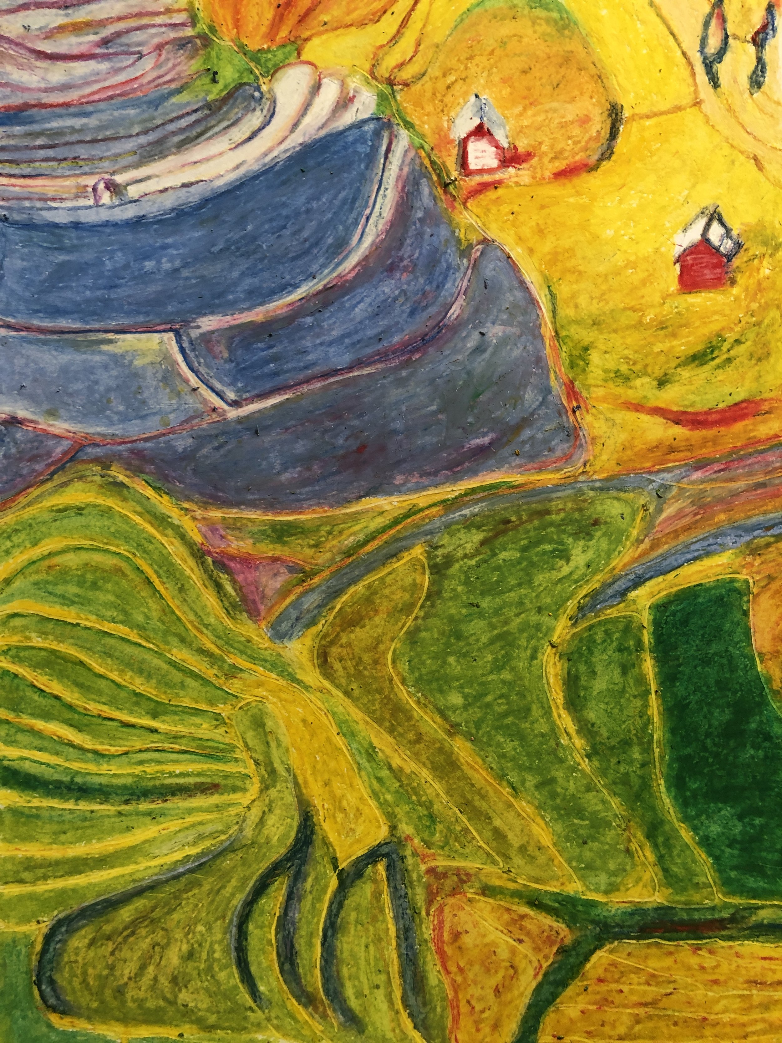 NAME: Colourful Fields DESCRIPTION: The landscape comes alive with a riot of colors that dance across the paper. From lush greens and soft blues to vivid yellow and fiery reds, the spectrum of hues creates a visual symphony that delights the senses a