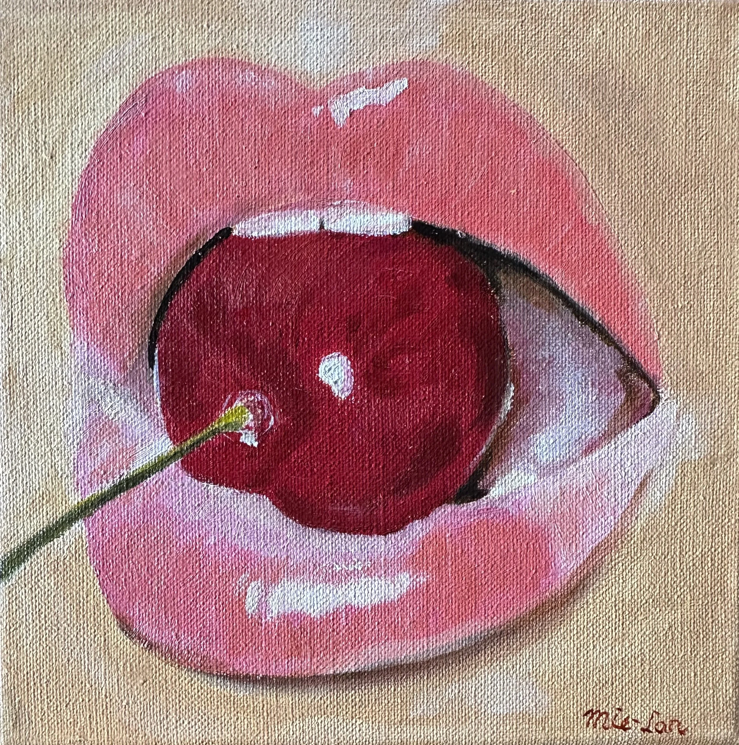 NAME: Mounth DESCRIPTION: This intimate painting captures the delicate, inviting mouth of a young woman, adorned with a soft pink gloss that catches the light. Her lips are parted as she takes a bite of a deep red cherry, the dark fruit contrasting b
