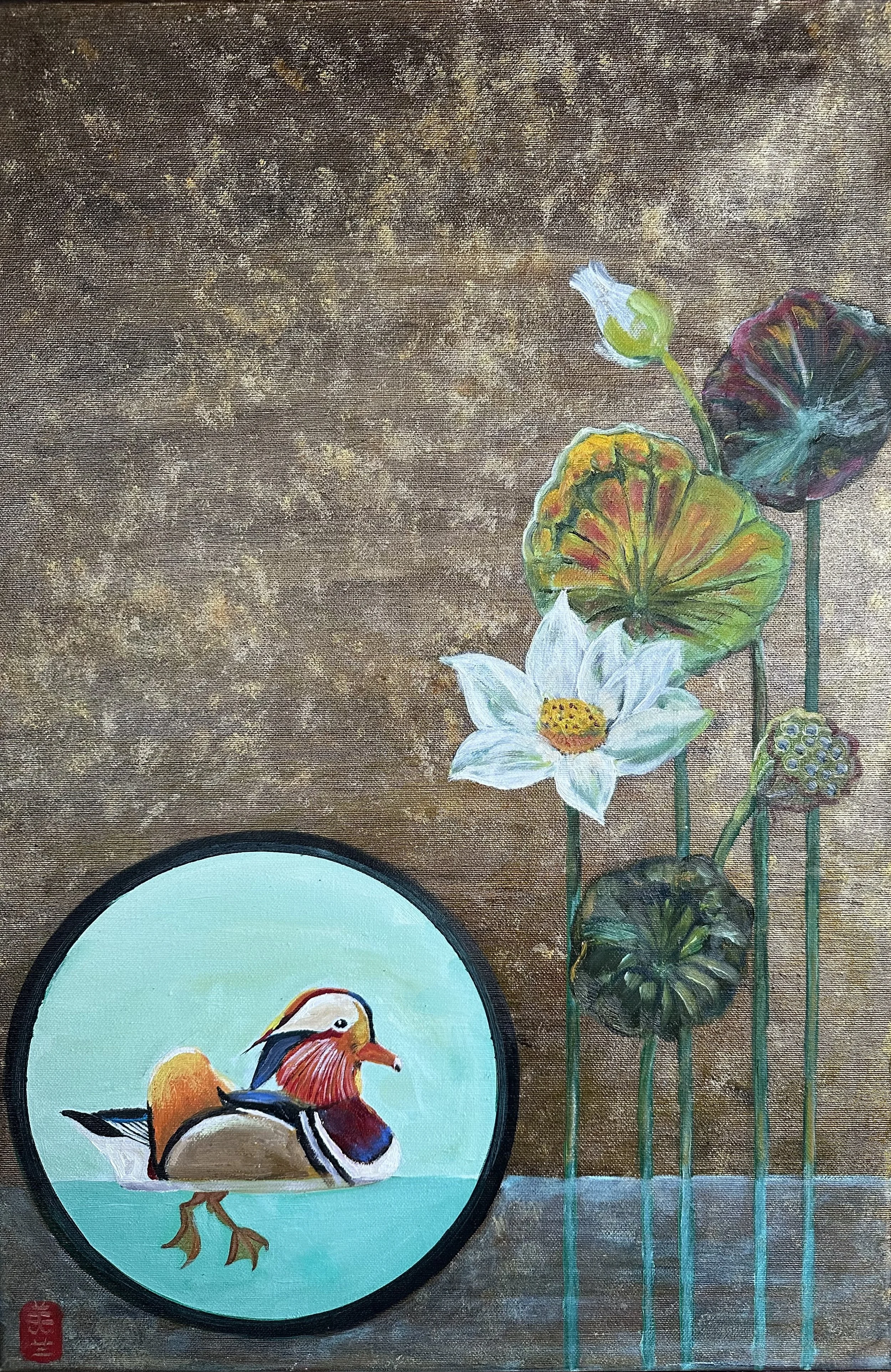NAME: Mandarin Duck
DESCRIPTION: This artwork carries a gentle Eastern aesthetic, pairing a vibrant mandarin duck with gracefully rising lotus flowers. Set against a textured, earthy background, the circular frame around the duck creates a serene foc