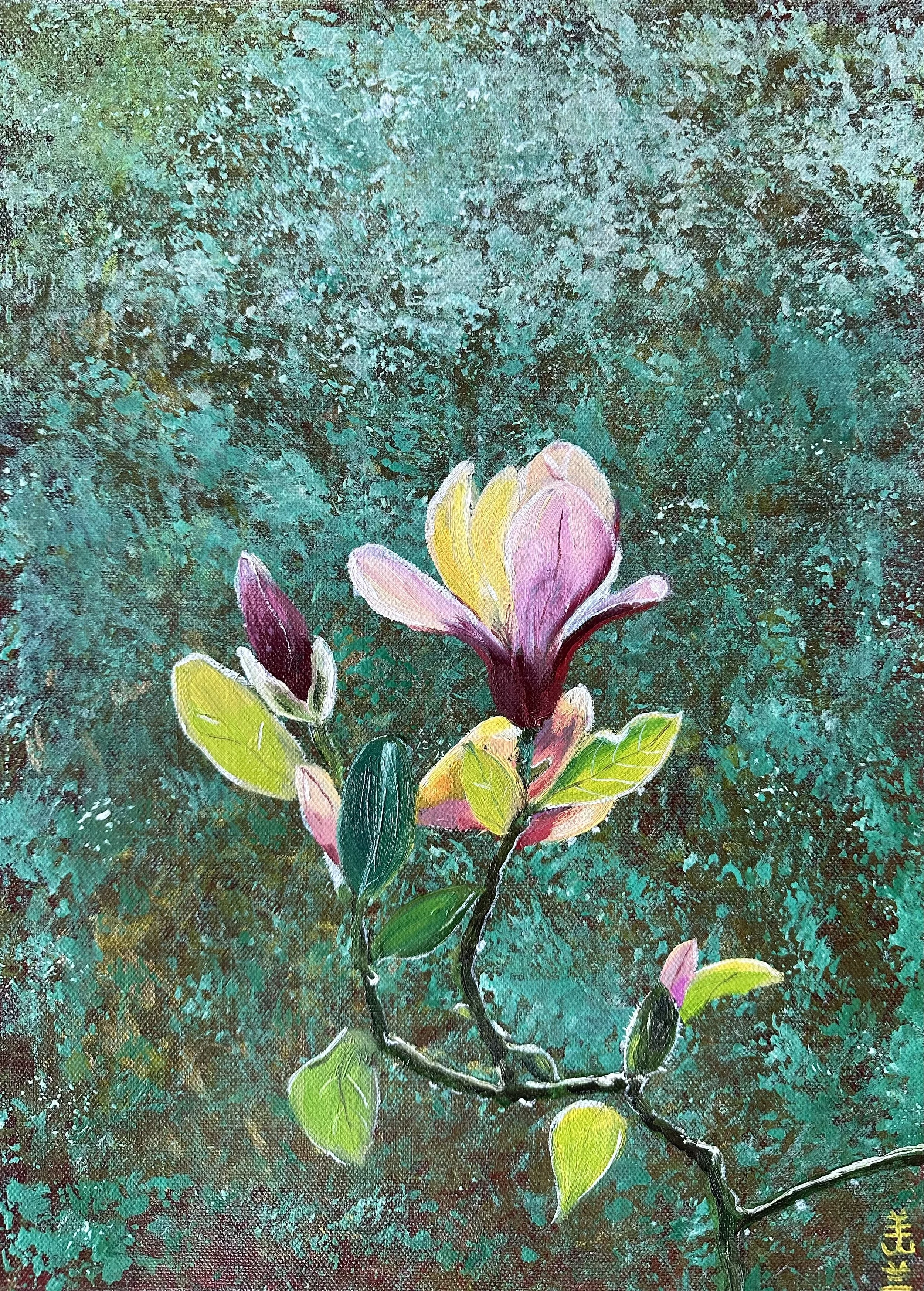 NAME: Magnolia DESCRIPTION: A branch of pink magnolia blossoms unfolds in soft shades of blush and rose, capturing the gentle promise of spring. The elegant curves of the branch and the velvety petals create a sense of serenity and renewal, inviting 