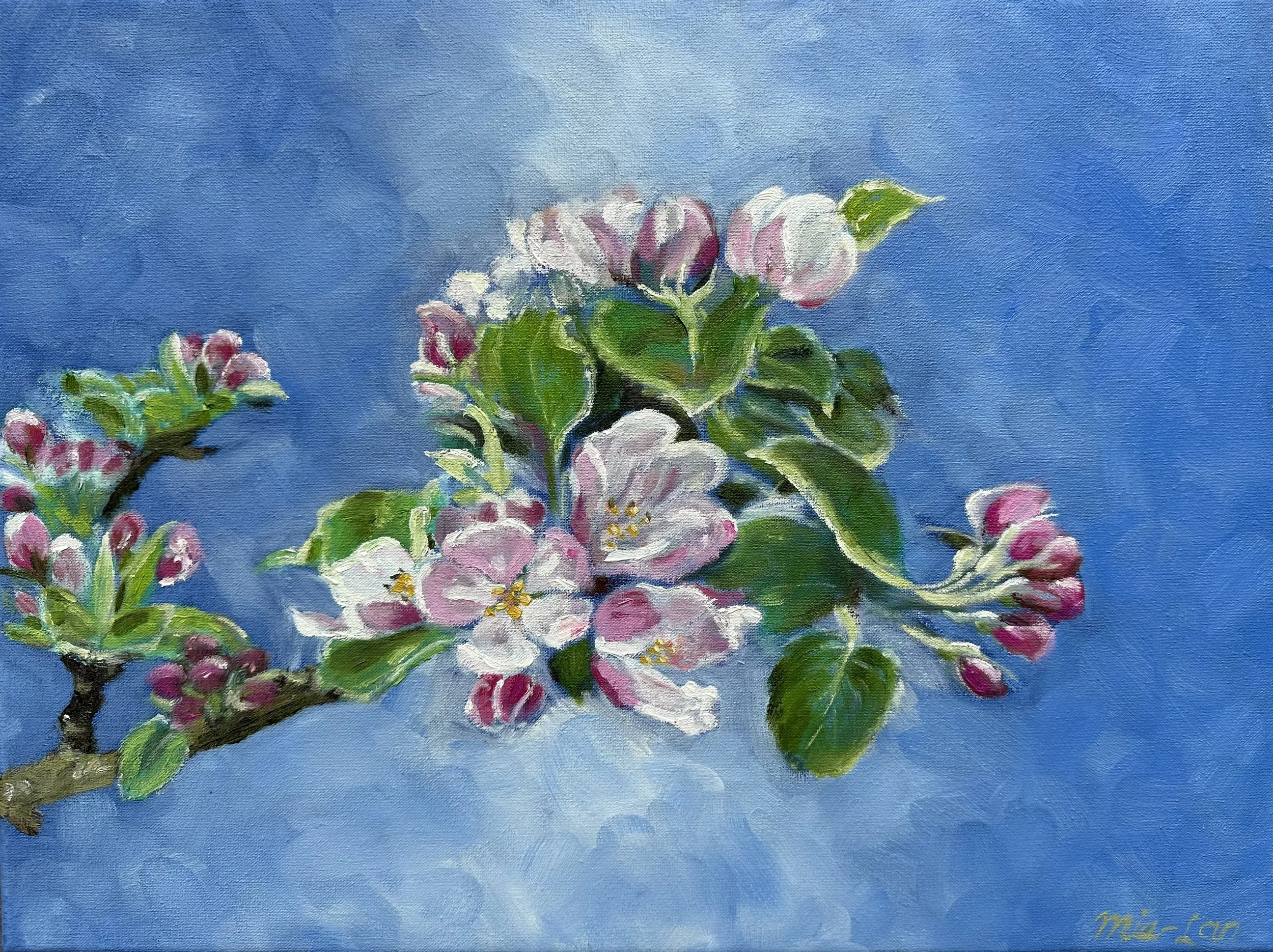 NAME: Appleblossom
DESCRIPTION: A branch of an apple tree in full bloom, taken from my own garden. Delicate light pink blossoms unfold gracefully against a clear blue sky, capturing the fleeting beauty and freshness of spring.
MATERIAL: Oil on Canvas