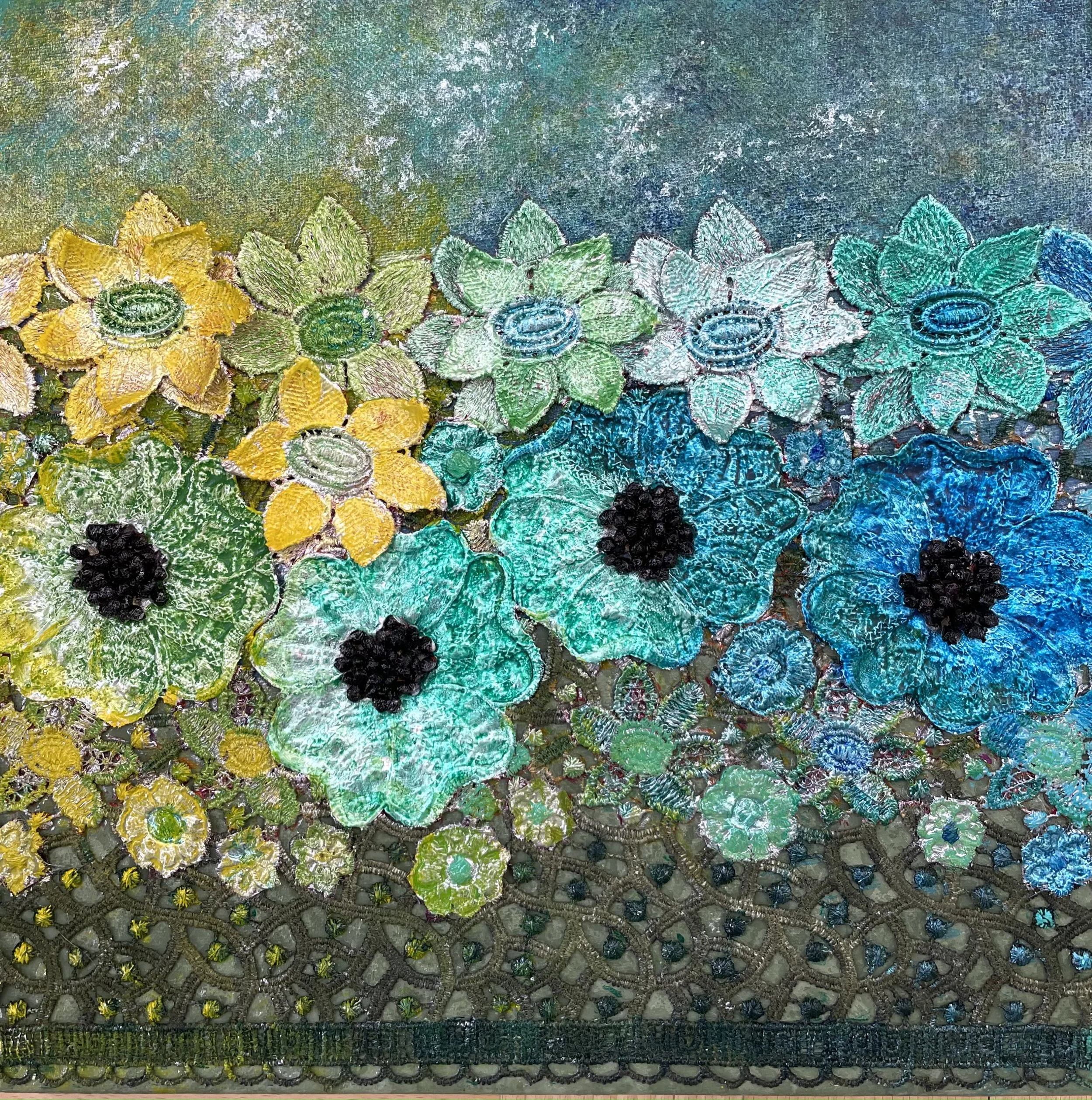 NAME:  Beautiful Spring Flowers DESCRIPTION: I love to experiment with different materials. This painting captures the intricate delicacy of lace flowers, with each petal and leaf has been carefully treated to retain the texture and complexity of rea