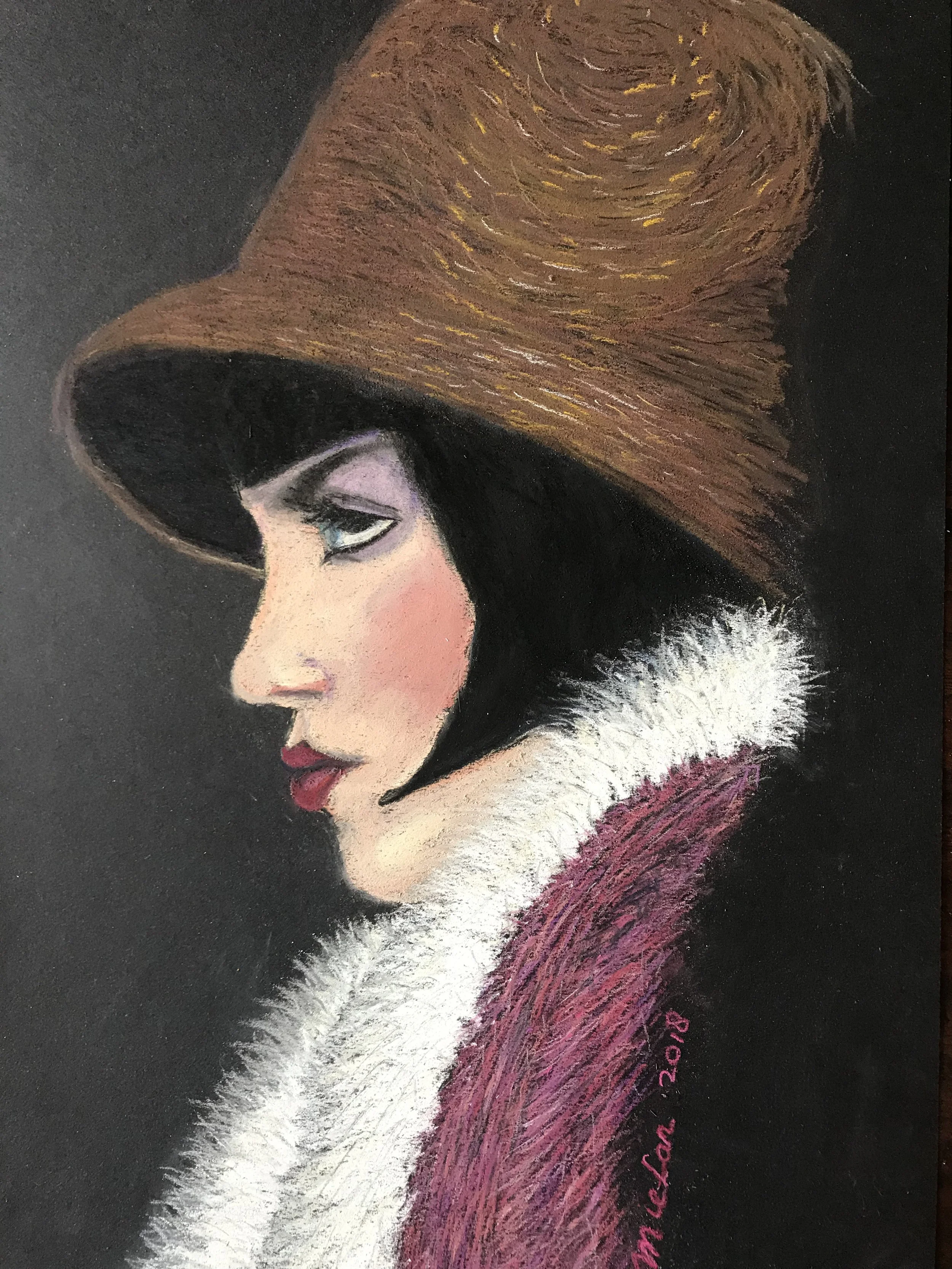 NAME: NAME: Girl in Fur
DESCRIPTION: This drawing beautifully portrays the woman's poise and refinement, with her fur collar adding a touch of opulence and glamour to her ensemble. The delicate lines and soft shading evoke the glamour of the Jazz Age