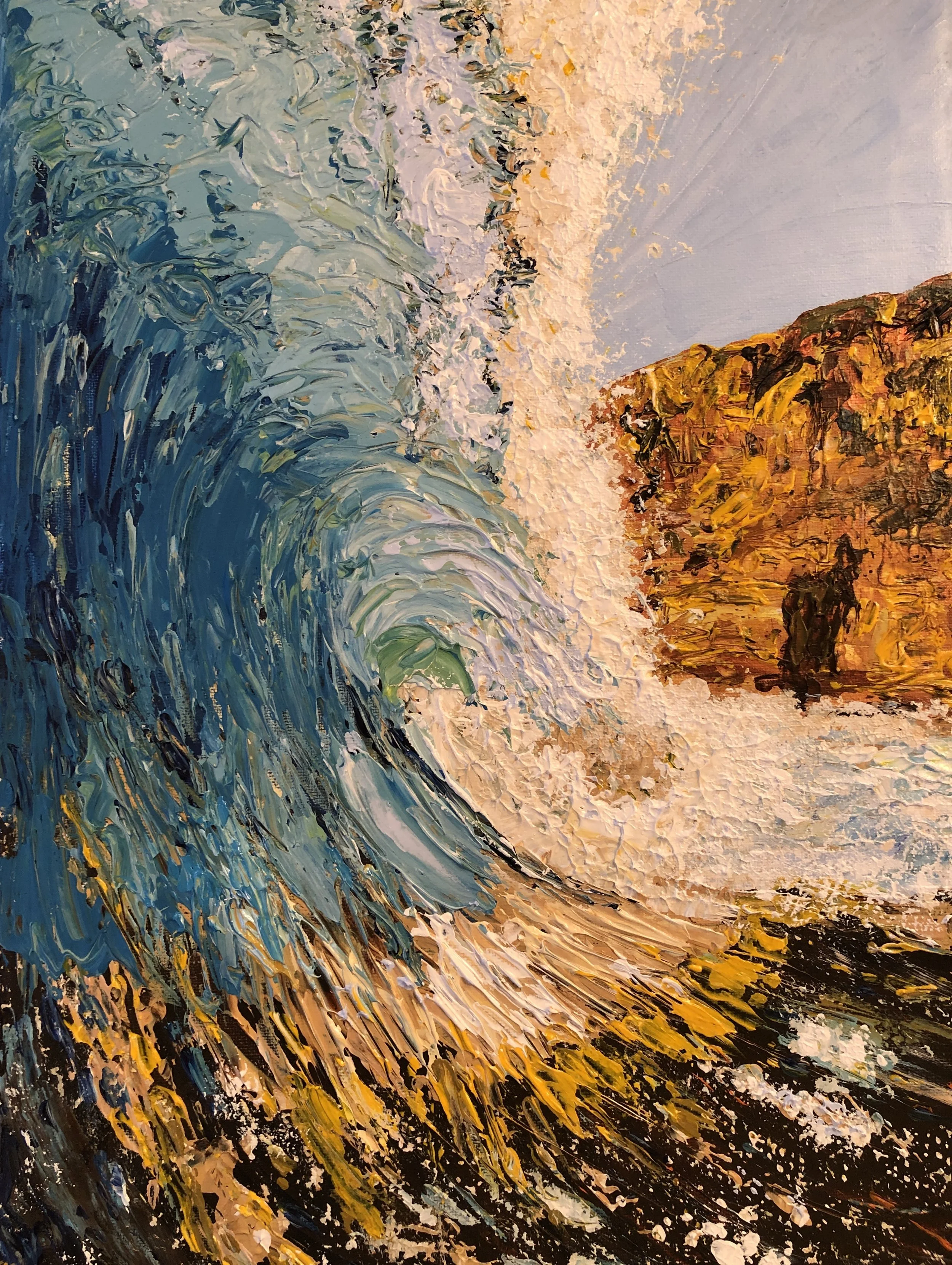 NAME: Wave after Wave DESCRIPTION: From the brilliant turquoises of the crashing waves to the frothy whites of the surf, this painting boasts a vibrant color palette that evokes the ever-changing moods of the ocean. MATERIAL: Acrylic on Canvas DIMENS