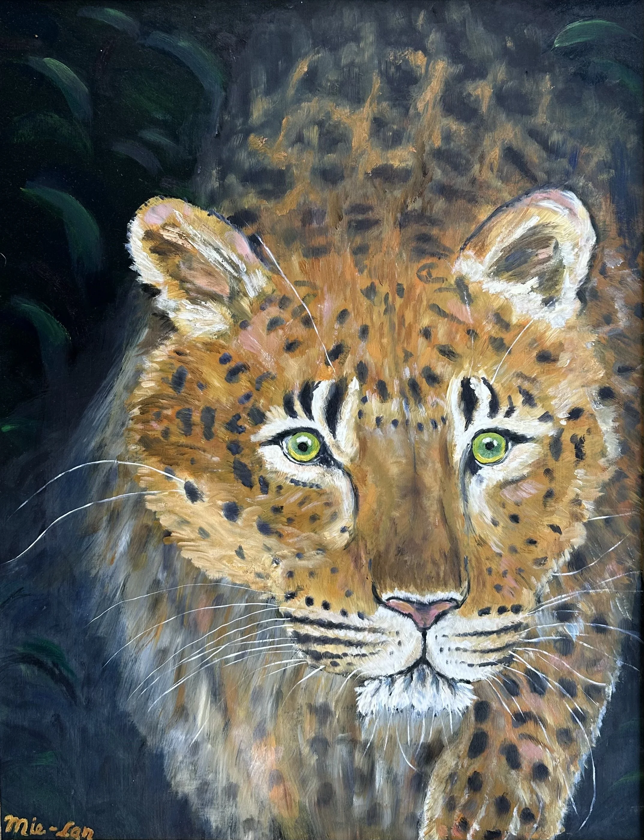 NAME: This striking painting portrays a leopard that appears to step out of the painting itself, as if crossing the boundary between art and reality. Its sleek, powerful body is caught mid-motion, giving the impression of life and movement beyond the