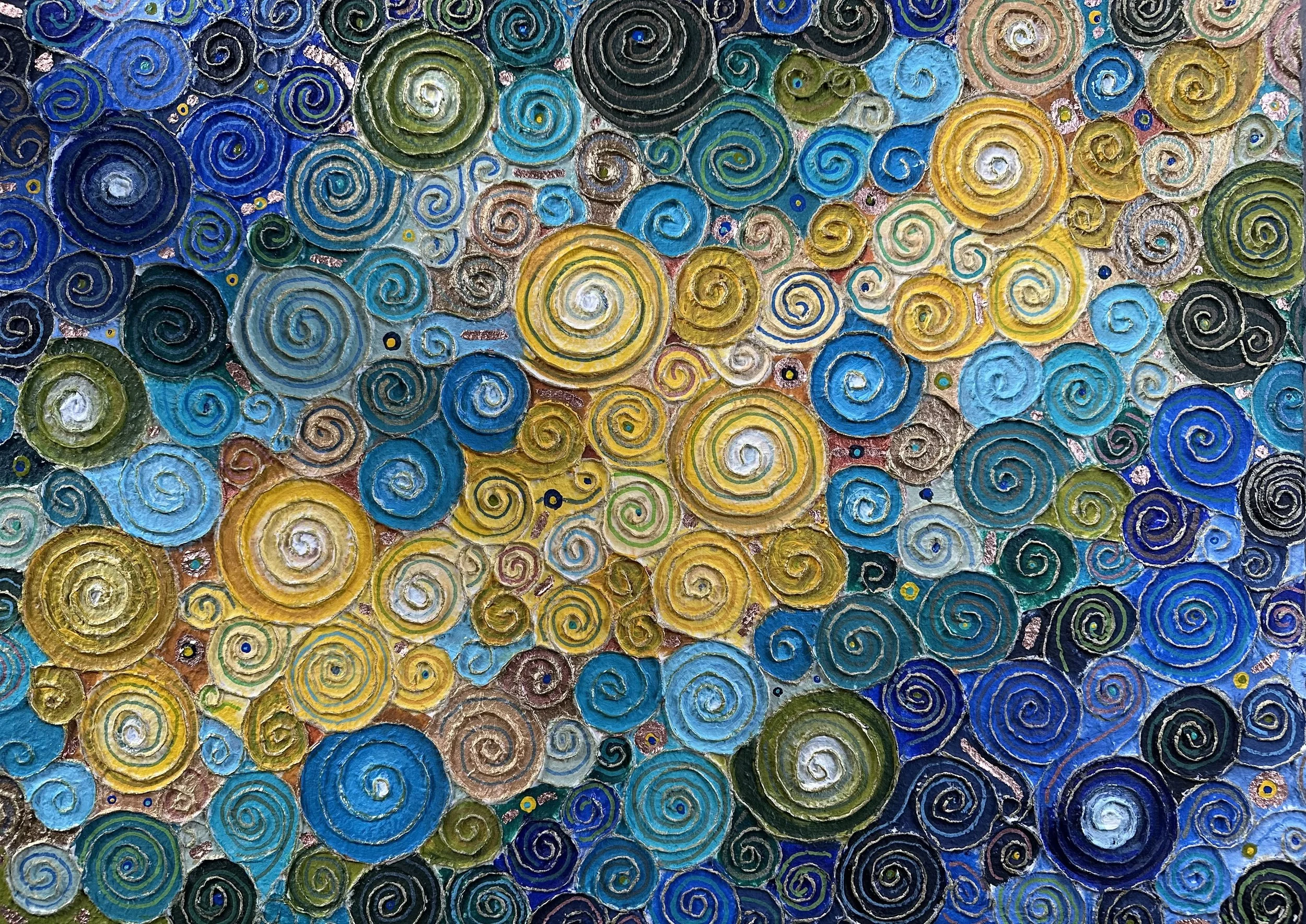 NAME: Connected DESCRIPTION: The painting symbolizes the deep interconnectedness of all things. How individuals, nature, emotions, and moments are woven into one continuous whole. Despite their differences in size and color, every spiral contributes 