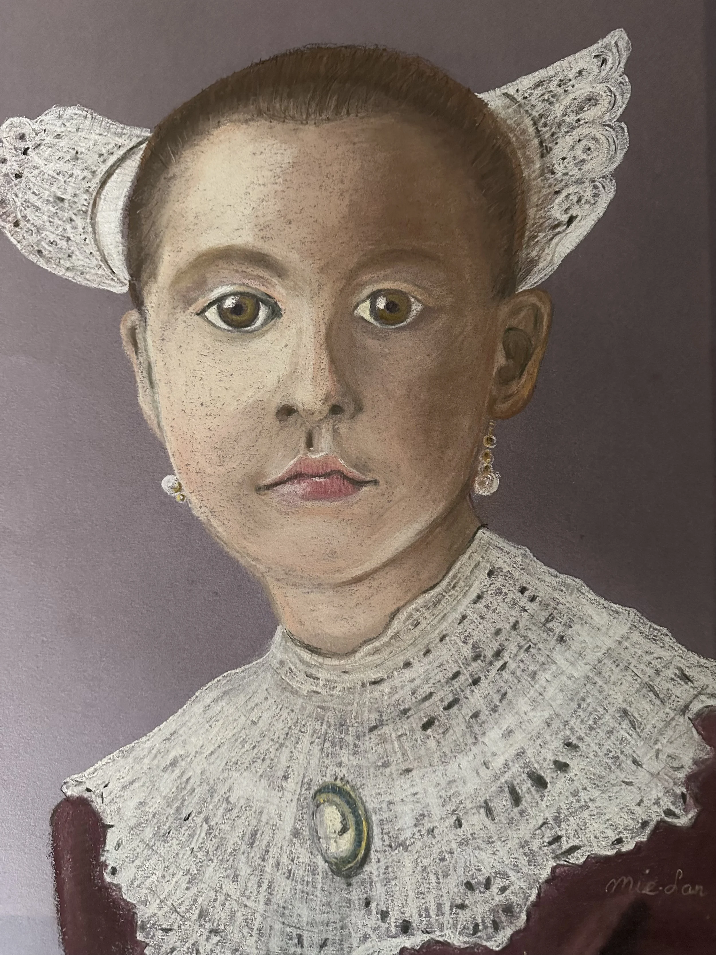 NAME: NAME: Girl in Lace
DESCRIPTION: This drawing beautifully portrays the girl's delicate features and refined attire, with soft pastel hues lending a gentle luminosity to her complexion. The intricate details of her collar add a touch of regal spl