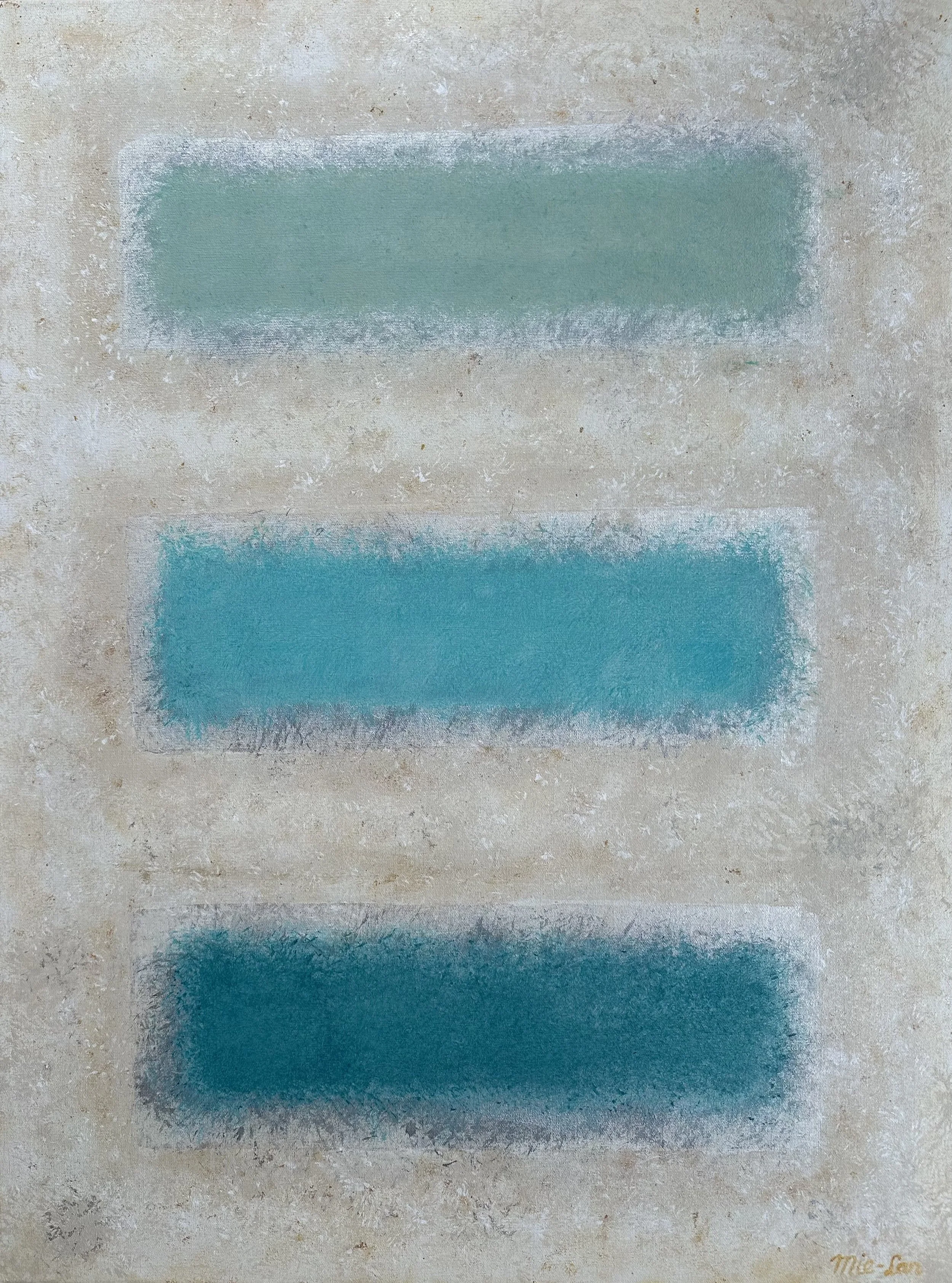 NAME: Aqua Azul DESCRIPTION: The painting draws its inspiration from the serene beauty of the Mexican coastline, particularly the mesmerizing turquoise hues of the sea. The composition is minimalist yet deeply evocative, taking cues from the style of