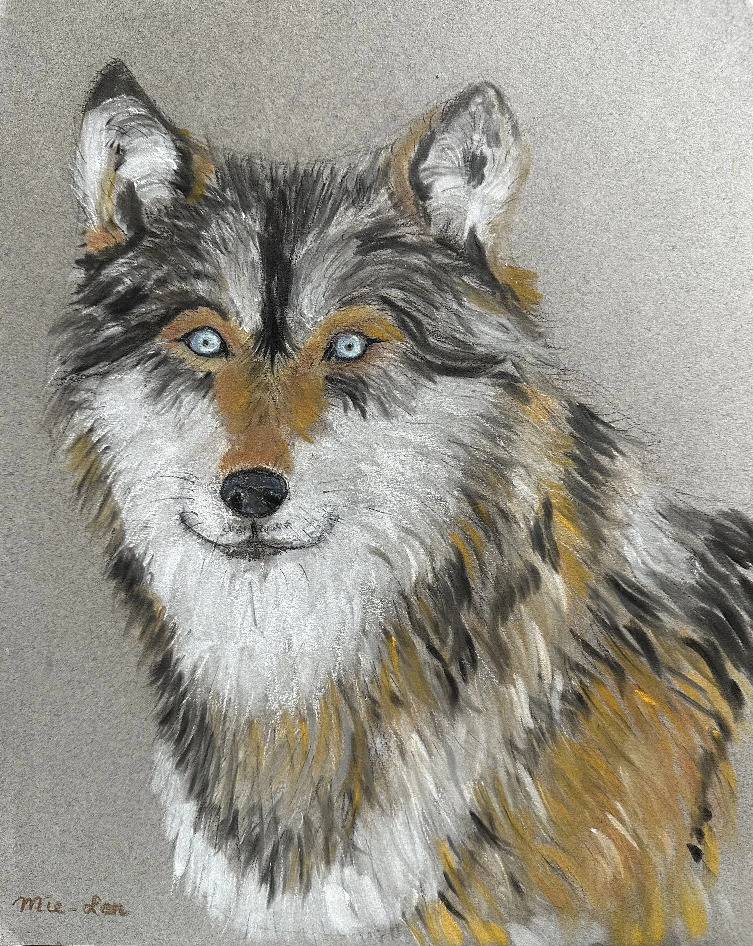 NAME: Wolf DESCRIPTION: This drawing beautifully portrays the wolf's regal profile and piercing gaze, capturing its essence with soft pastel strokes that evoke the texture of fur and the depth of its eyes. Each detail is meticulously rendered, from t