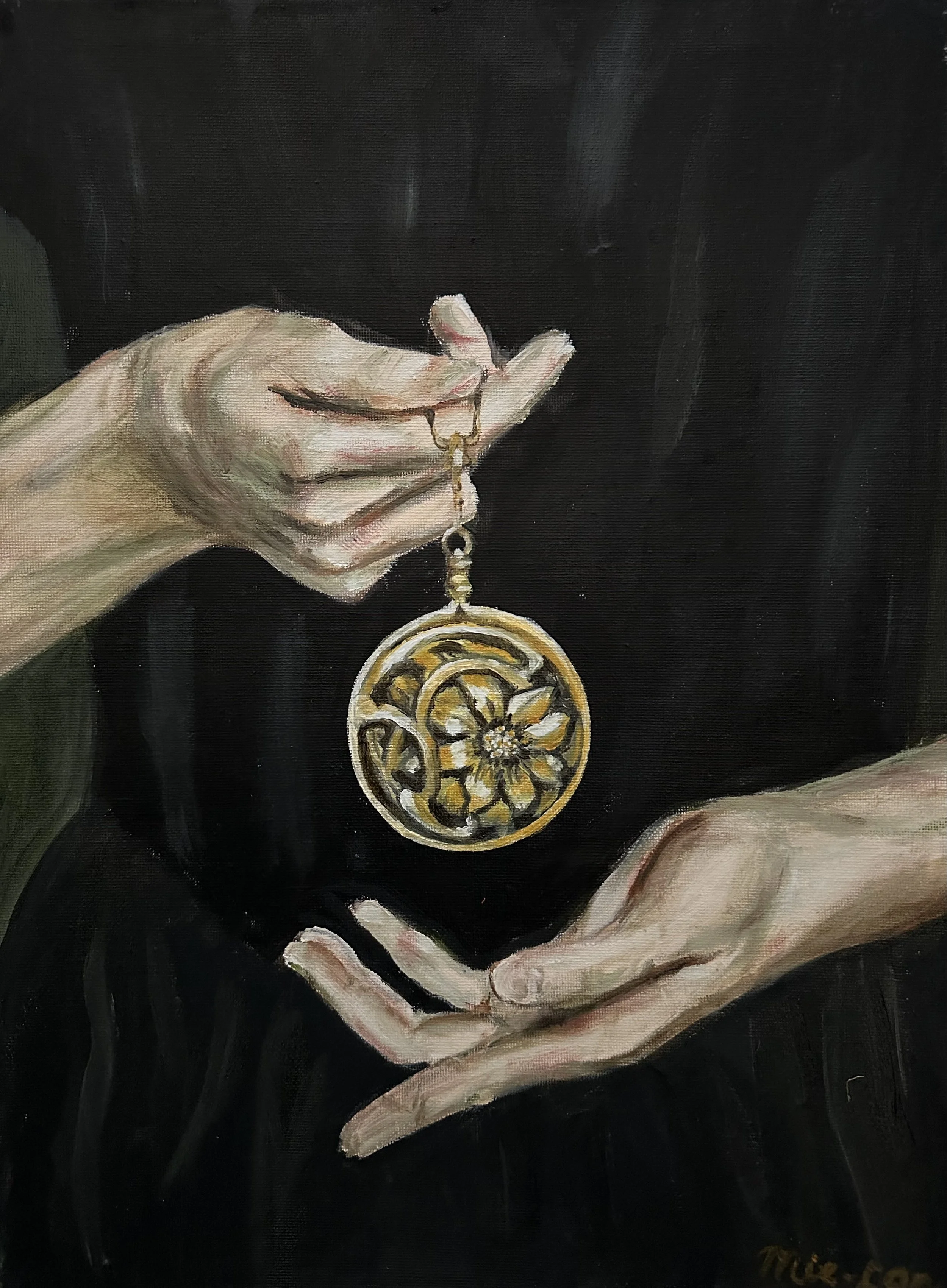 NAME: The Medallion DESCRIPTION: This painting captures the essence of elegance with the graceful posture and delicate gestures of the women's hands as they hold the medallion. Each movement is imbued with a sense of poise and grace, evoking a feelin