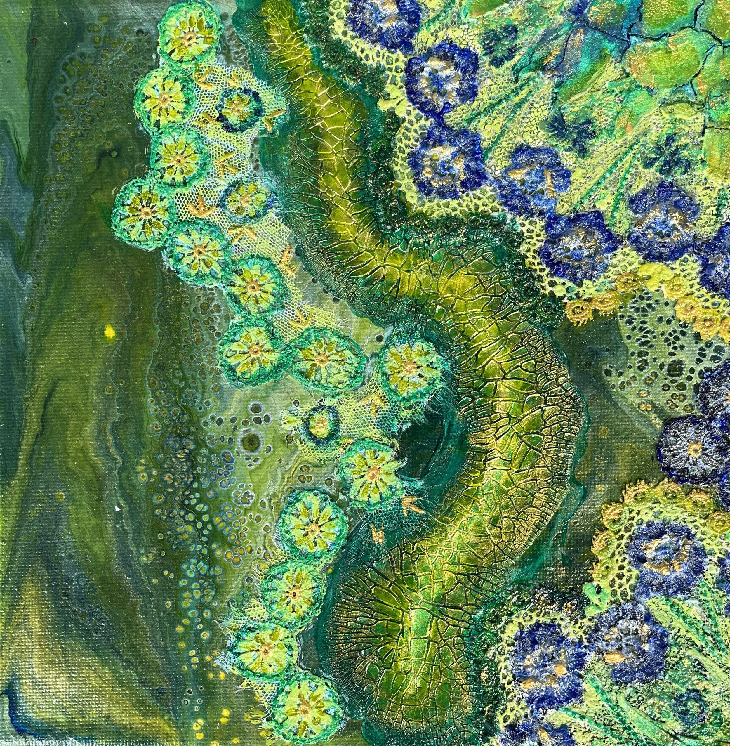 NAME: Floating Flowers
DESCRIPTION: Experience the tactile delight of textured artistry as you explore the painting's surface, where layers of pouring paint and crackle paste create a dynamic interplay of light and shadow. The verdant green tones was