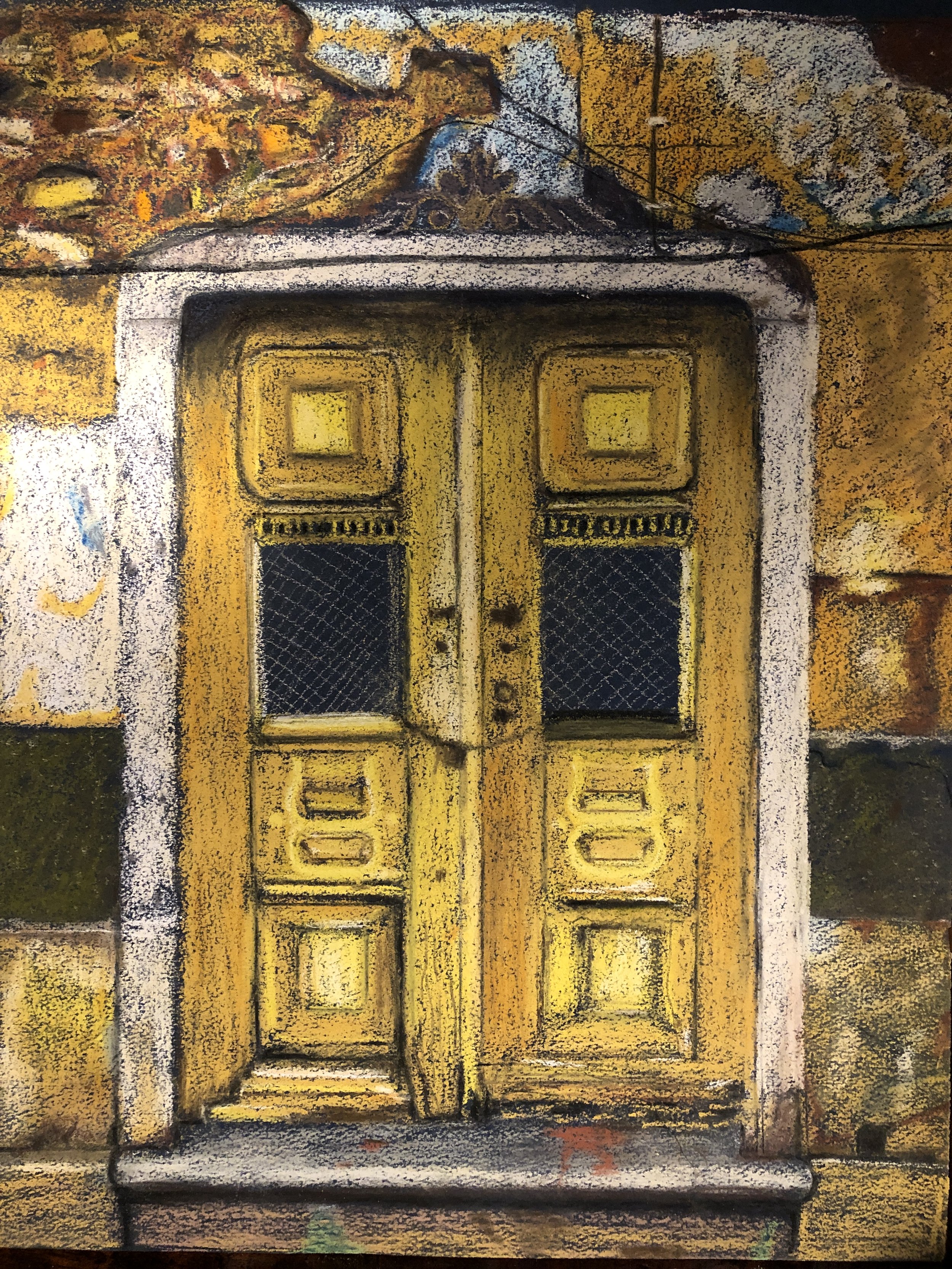 NAME: Closed Doors
DESCRIPTION: This drawing celebrates the timeless appeal of historic architecture, with its weathered yellow doors serving as a focal point of nostalgic elegance. Each line and detail of the drawing captures the character and charm