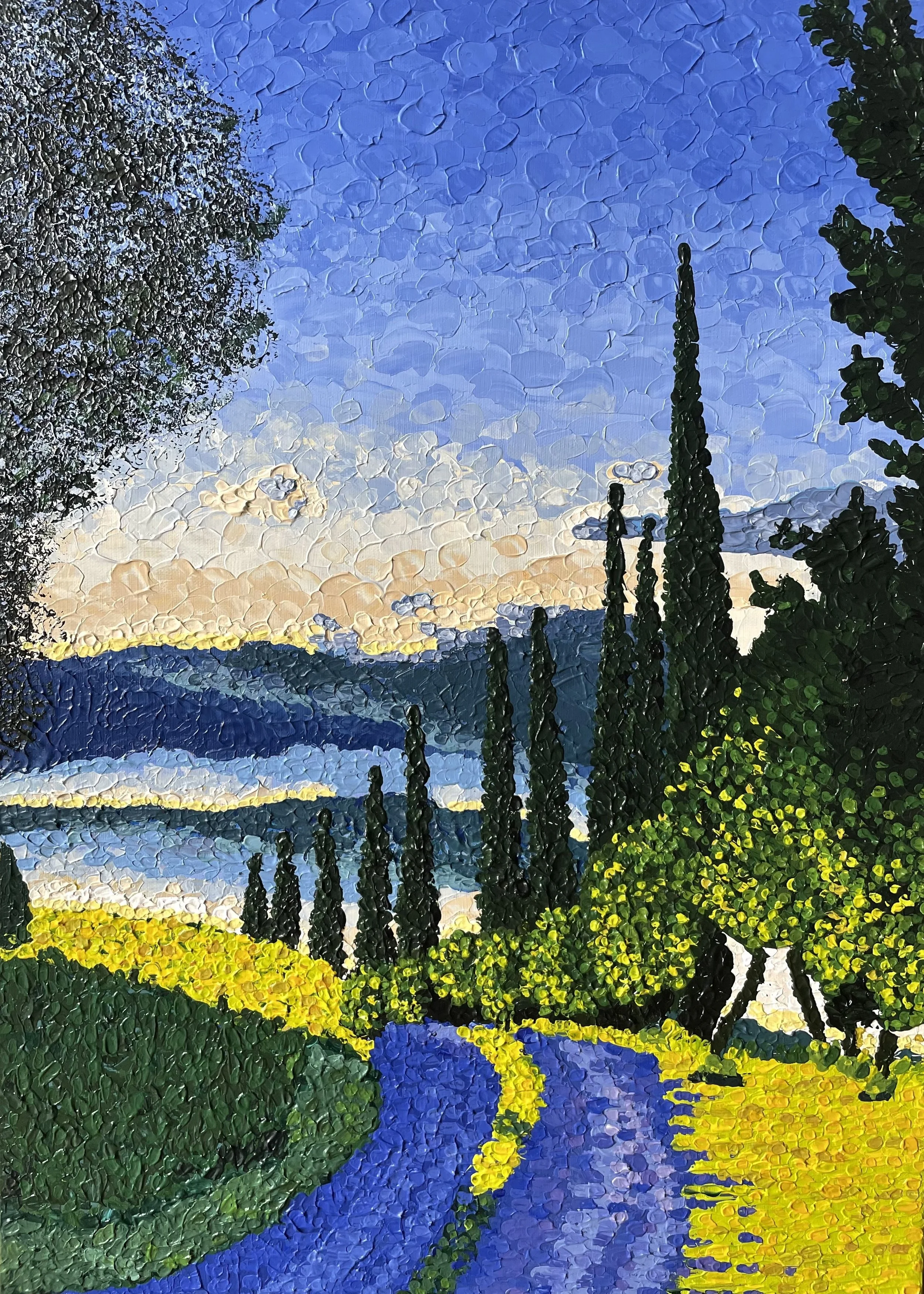 NAME:  Purple Road DESCRIPTION: Standing tall and proud along the roadside, the iconic cypress trees of Tuscany add a sense of elegance and drama to the scene. Their slender silhouettes and distinctive shapes create a sense of rhythm and symmetry tha