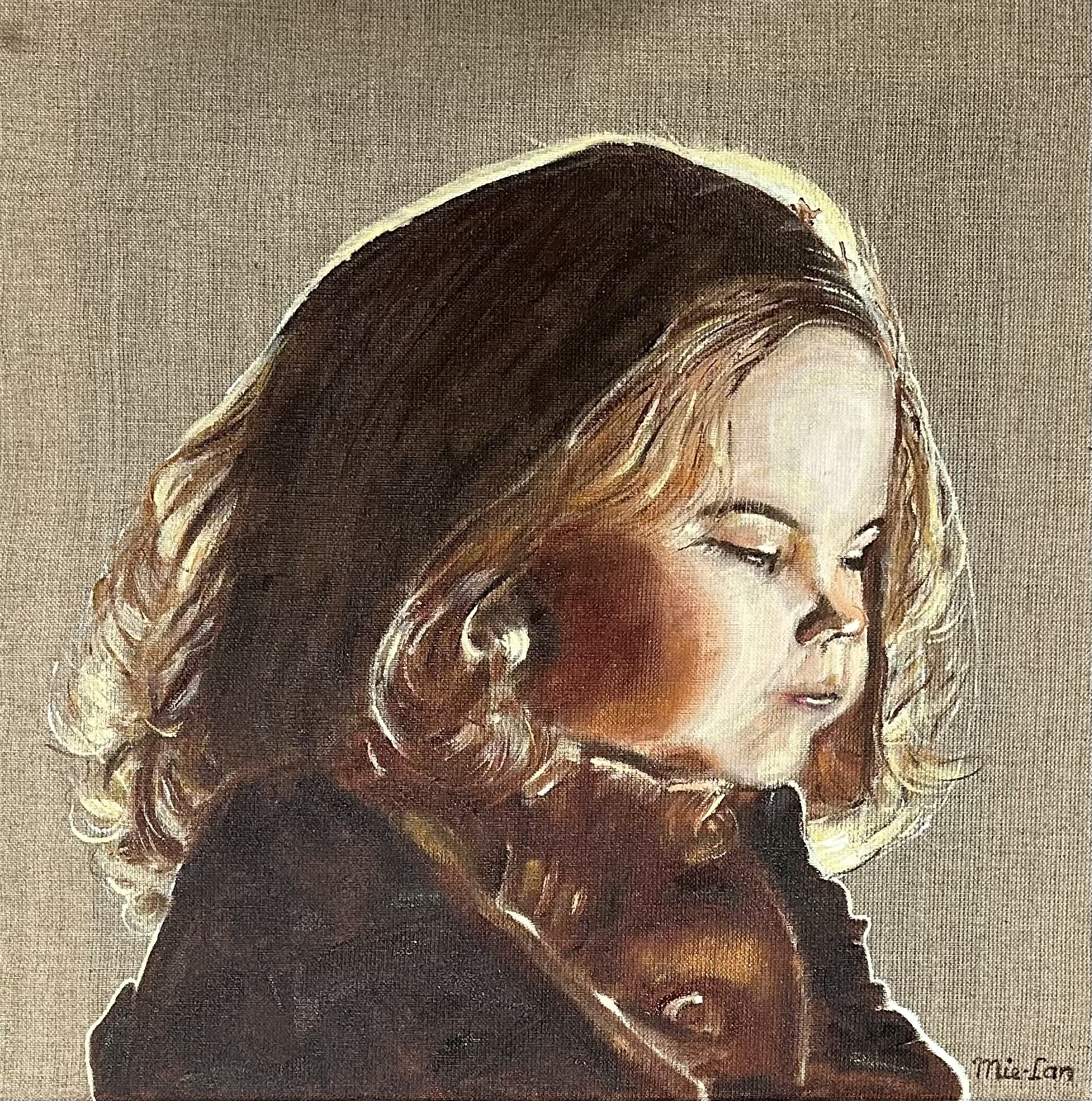 NAME: Girl in the light
DESCRIPTION: In this portrait, a young girl’s face is beautifully bathed in light, her expression calm and thoughtful. The soft illumination highlights her gentle features, symbolizing purity and hope. As part of a series wher
