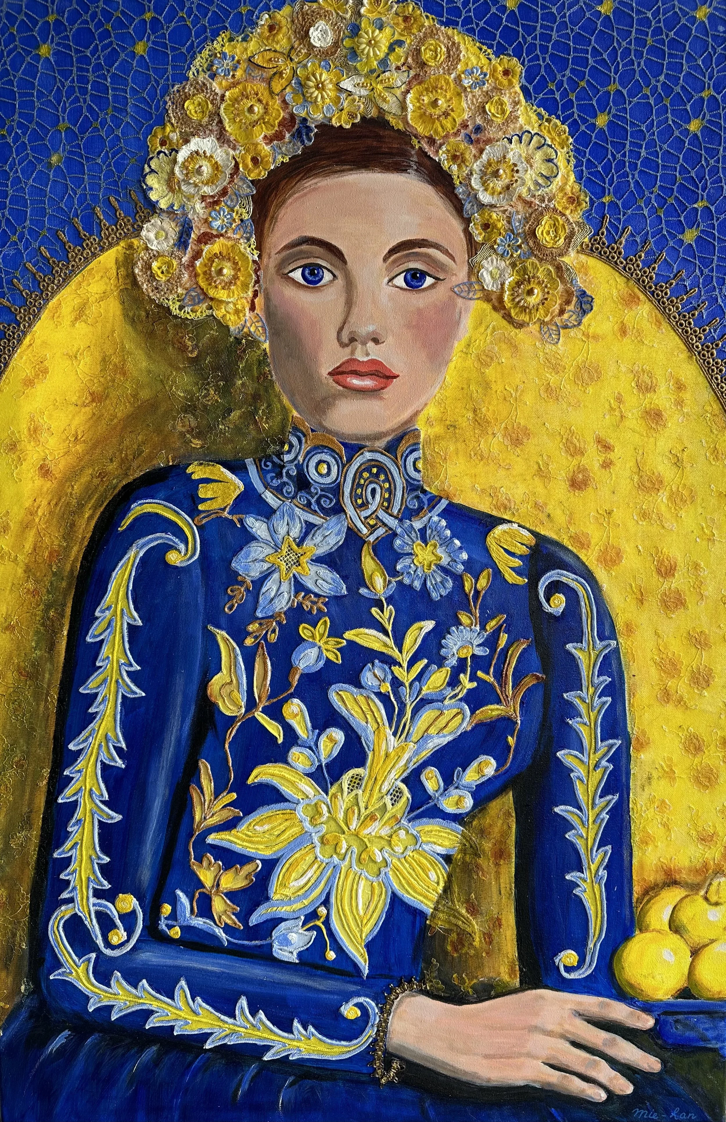 NAME: Natalia
DESCRIPTION: This painting is a poignant tribute to the resilience and spirit of the Ukrainian people during a time of war. It features a woman seated gracefully, wearing a floral dress that boldly displays the colors of the Ukraine fla