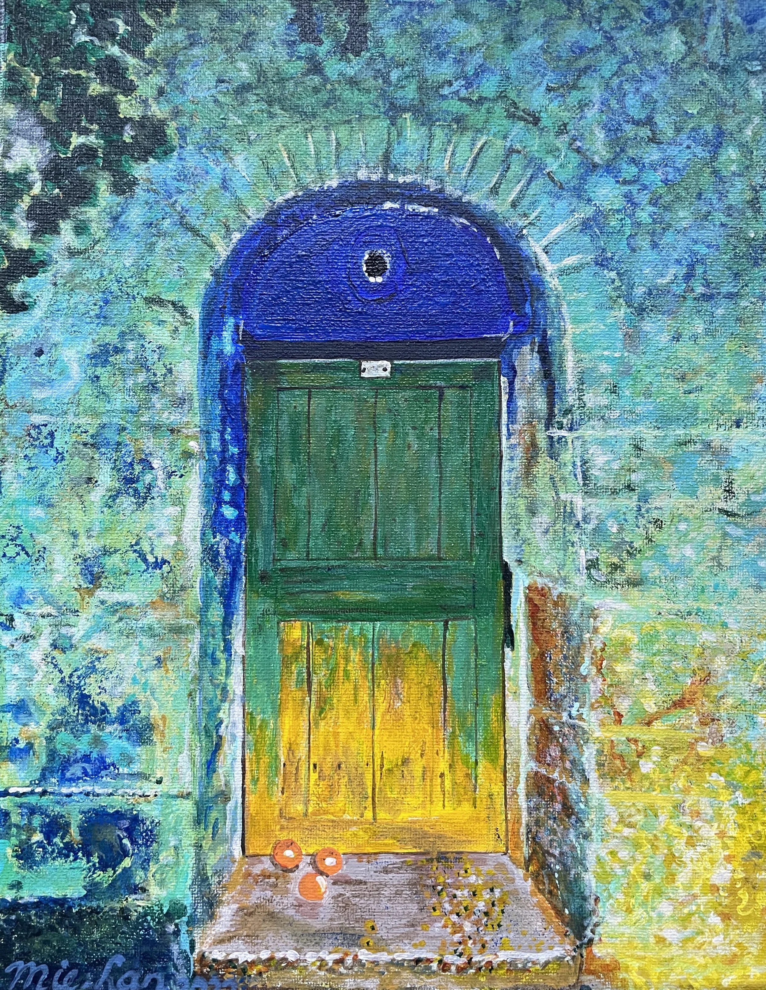 NAME: The Door
DESCRIPTION: This work of art transports the viewer to a bygone era, where worn surfaces and vibrant hues come together to create a scene full of character and charm. Set against the backdrop of a turquoise wall, the scene exudes a sen