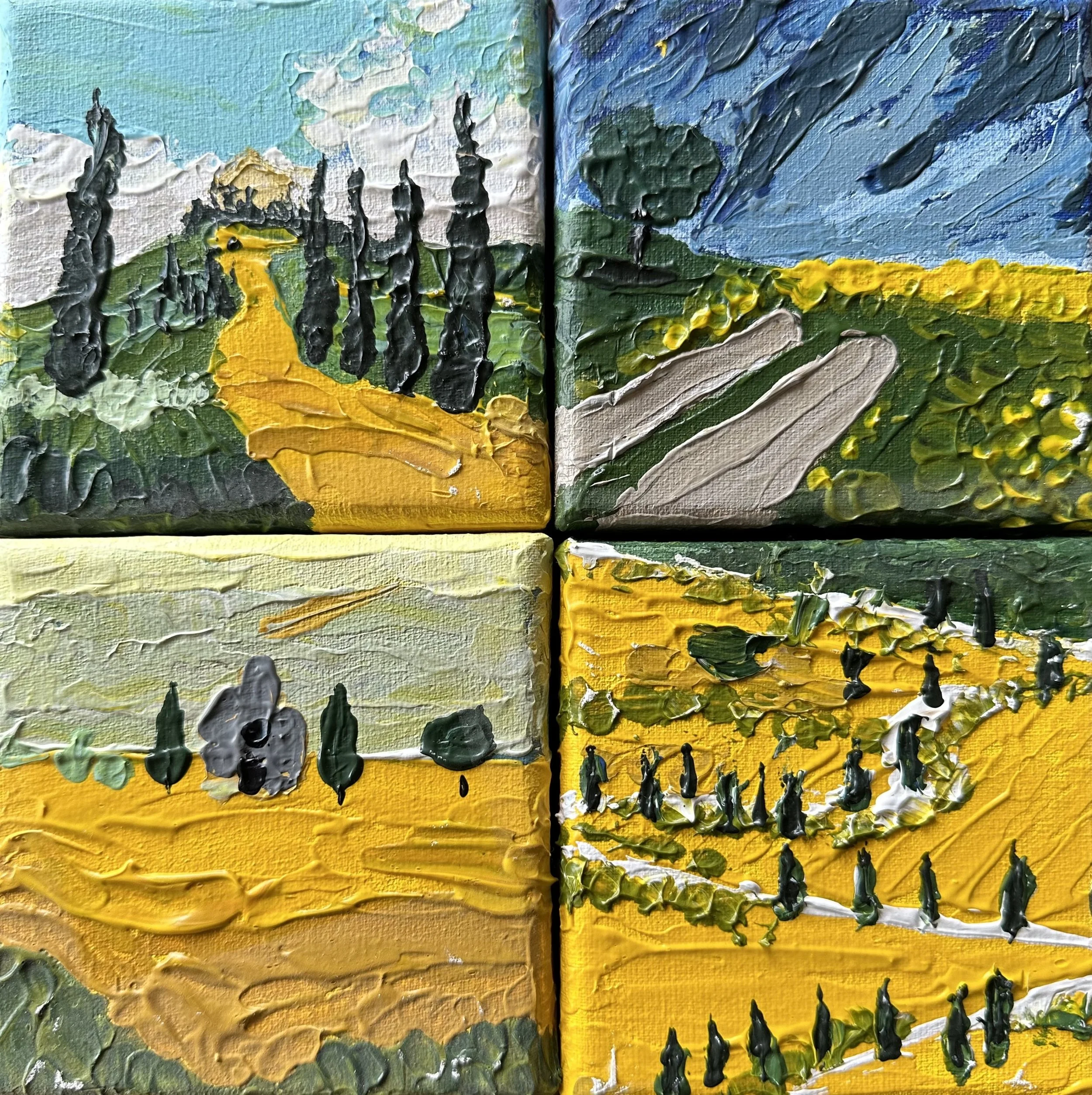 NAME: Tuscany’s Treasures DESCRIPTION: Transport yourself to the picturesque countryside of Tuscany with this enchanting set of four miniature paintings, each capturing a different facet of the region's timeless beauty. Despite their small size, my m