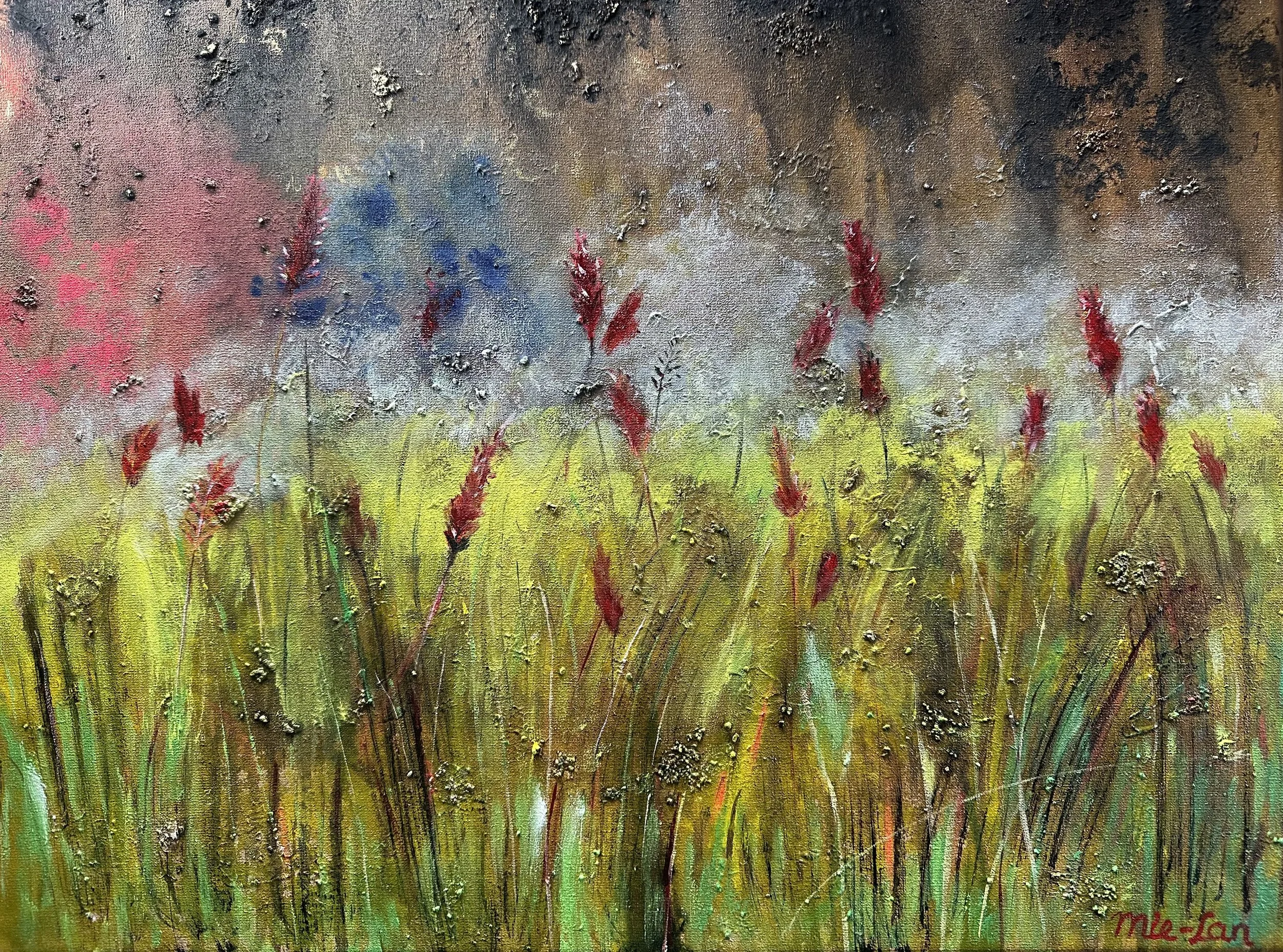 NAME: Meadow Mist DESCRIPTION: A dreamy meadow unfolds in vibrant color, with red grasses swaying gently above textured layers of yellow and green. Soft hints of blue and pink shimmer in the misty background, creating a sense of shifting light and qu