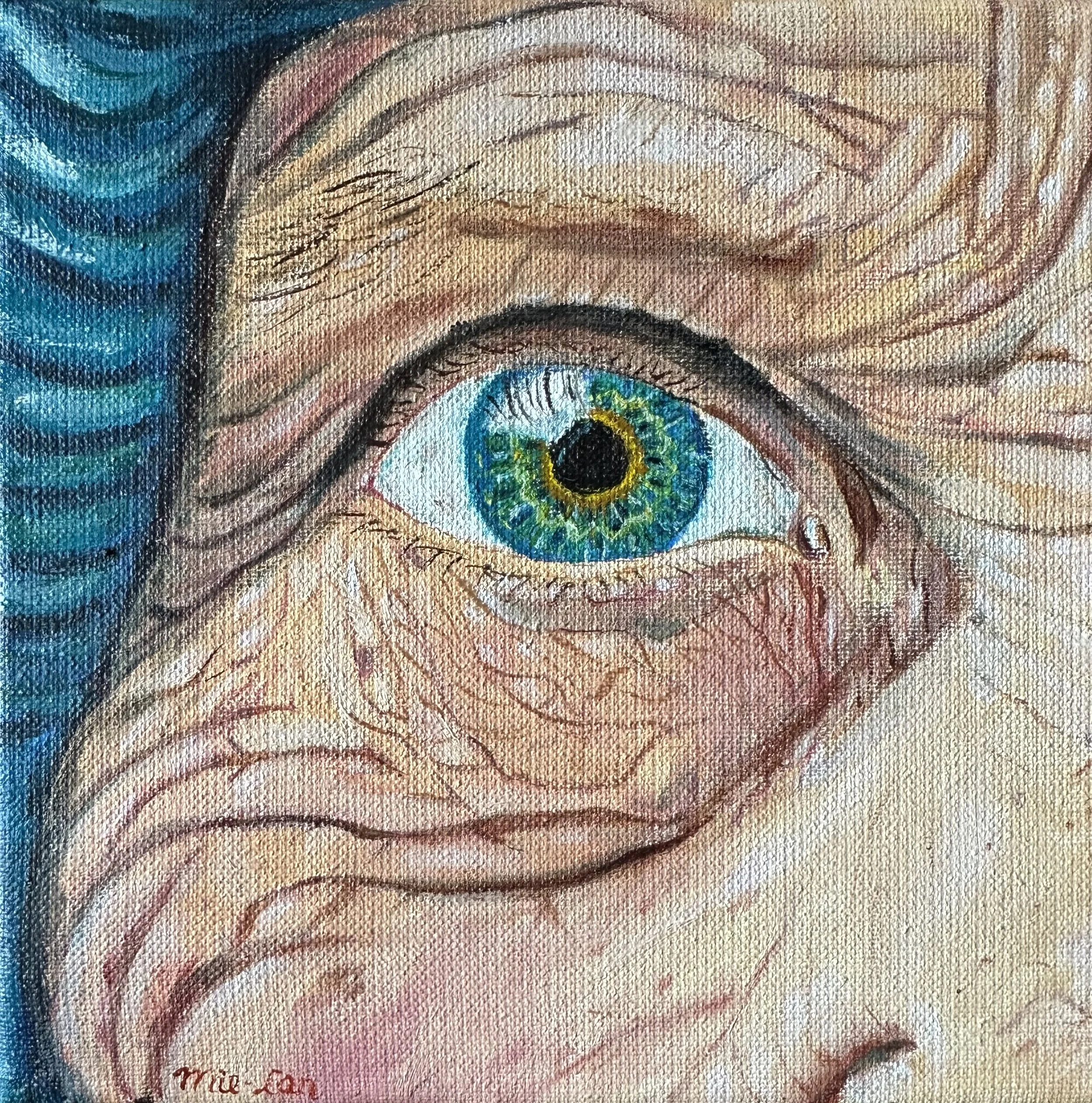 NAME: Eye DESCRIPTION: This intimate painting focuses on the expressive, turquoise eye of an elderly woman, revealing a lifetime of stories and resilience. The bright, piercing gaze stands in striking contrast to the fine wrinkles around it, each lin