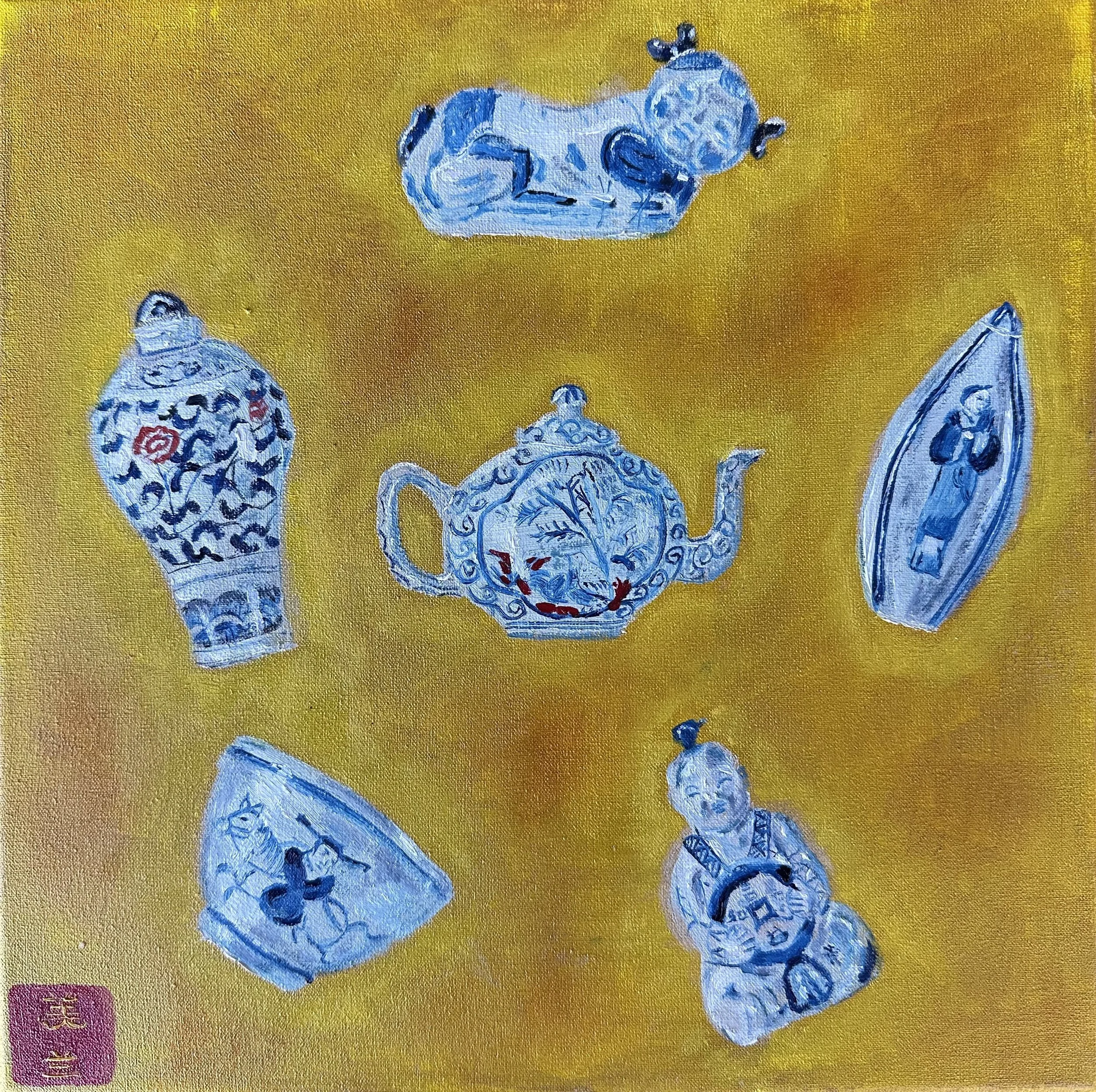 NAME: Chinese Ceramics DESCRIPTION: This painting presents a delicate collection of blue-and-white porcelain pieces set against a warm golden background. The floating arrangement highlights their refined shapes and traditional motifs, celebrating the