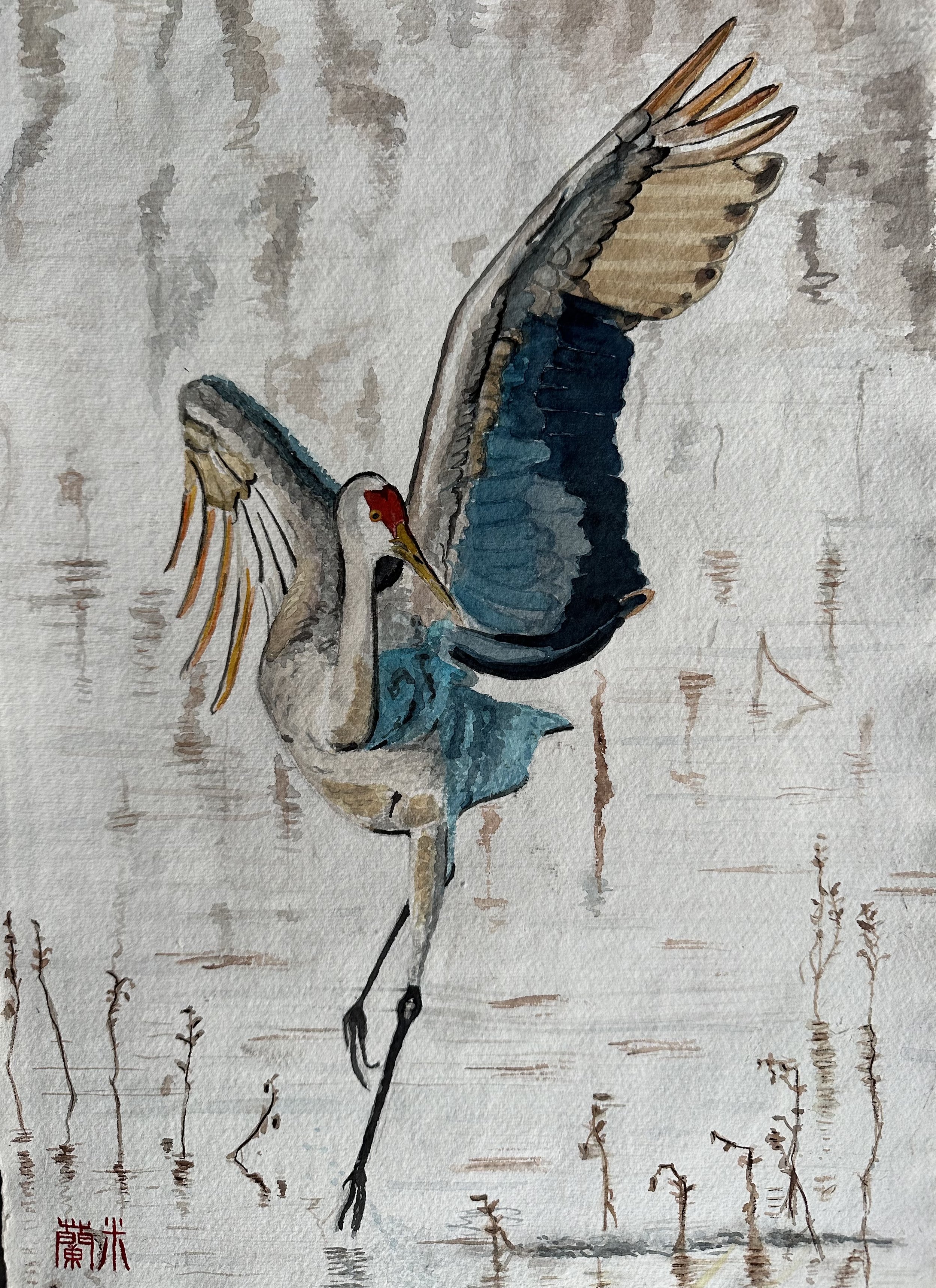 NAME: Dancing Heron
DESCRIPTION: At the heart of the painting lies the heron, its slender form and elongated neck suggesting a graceful dance in progress.  The painting captures a fleeting moment of beauty, inviting us to pause and appreciate the inh