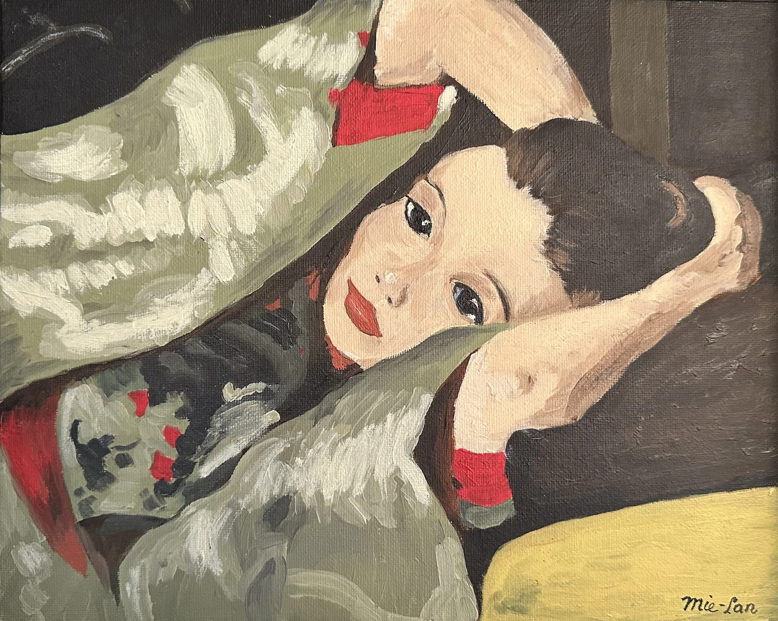 NAME: Breitner’s Girl DESCRIPTION: Inspired by the masterful techniques of Breitner, this painting portrays a part of a painting of Breitner, girl in white kimono, a symbol of traditional elegance. MATERIAL: Oil on Canvas DIMENSIONS: 24 CMX 30 CM PRI