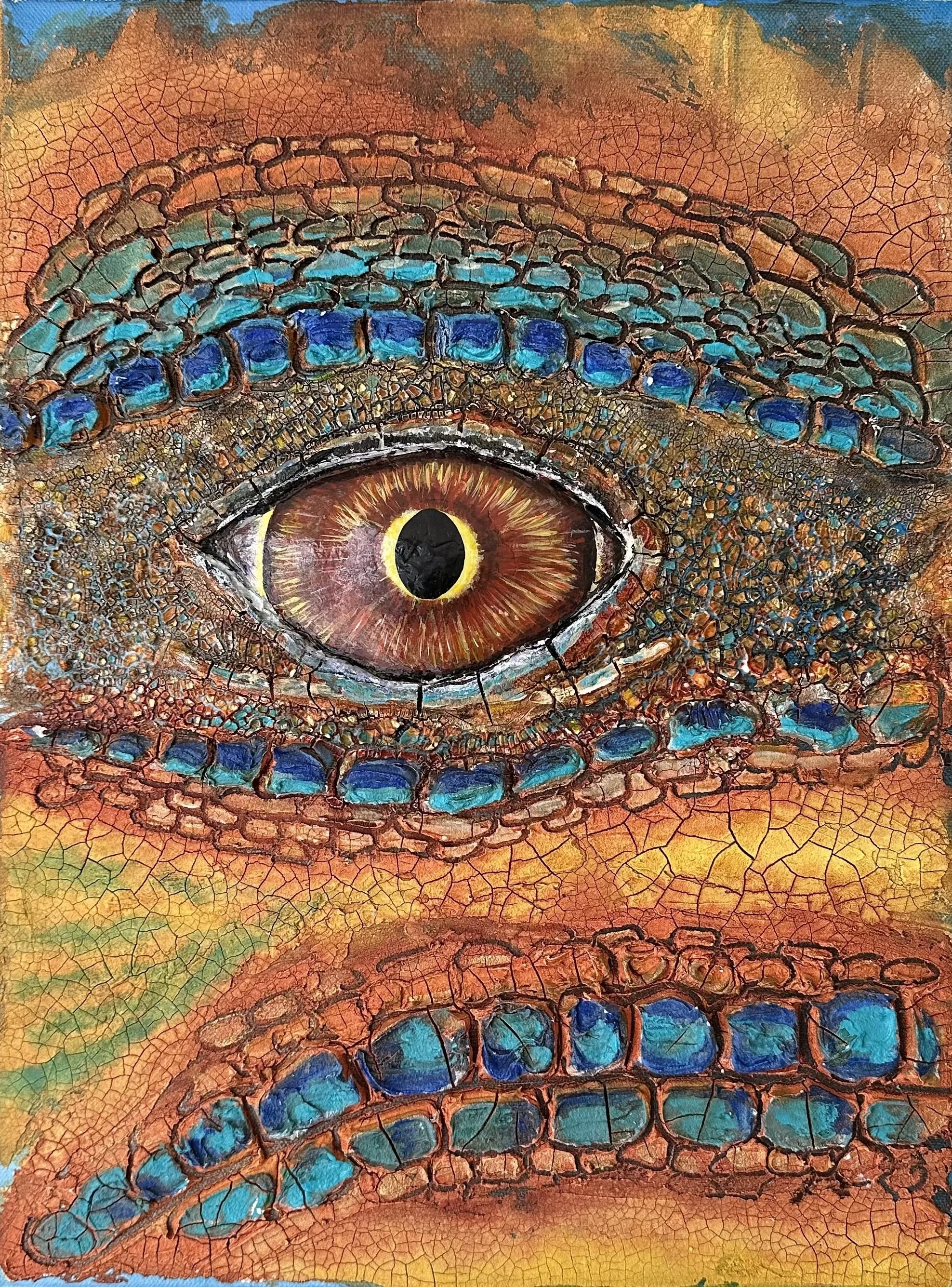 NAME: Lizards Eye DESCRIPTION: Unlike traditional paintings, this 3D artwork offers viewers a truly immersive experience, as the lizard's eye seemingly protrudes from the canvas, inviting closer inspection and eliciting a sense of wonder and fascinat