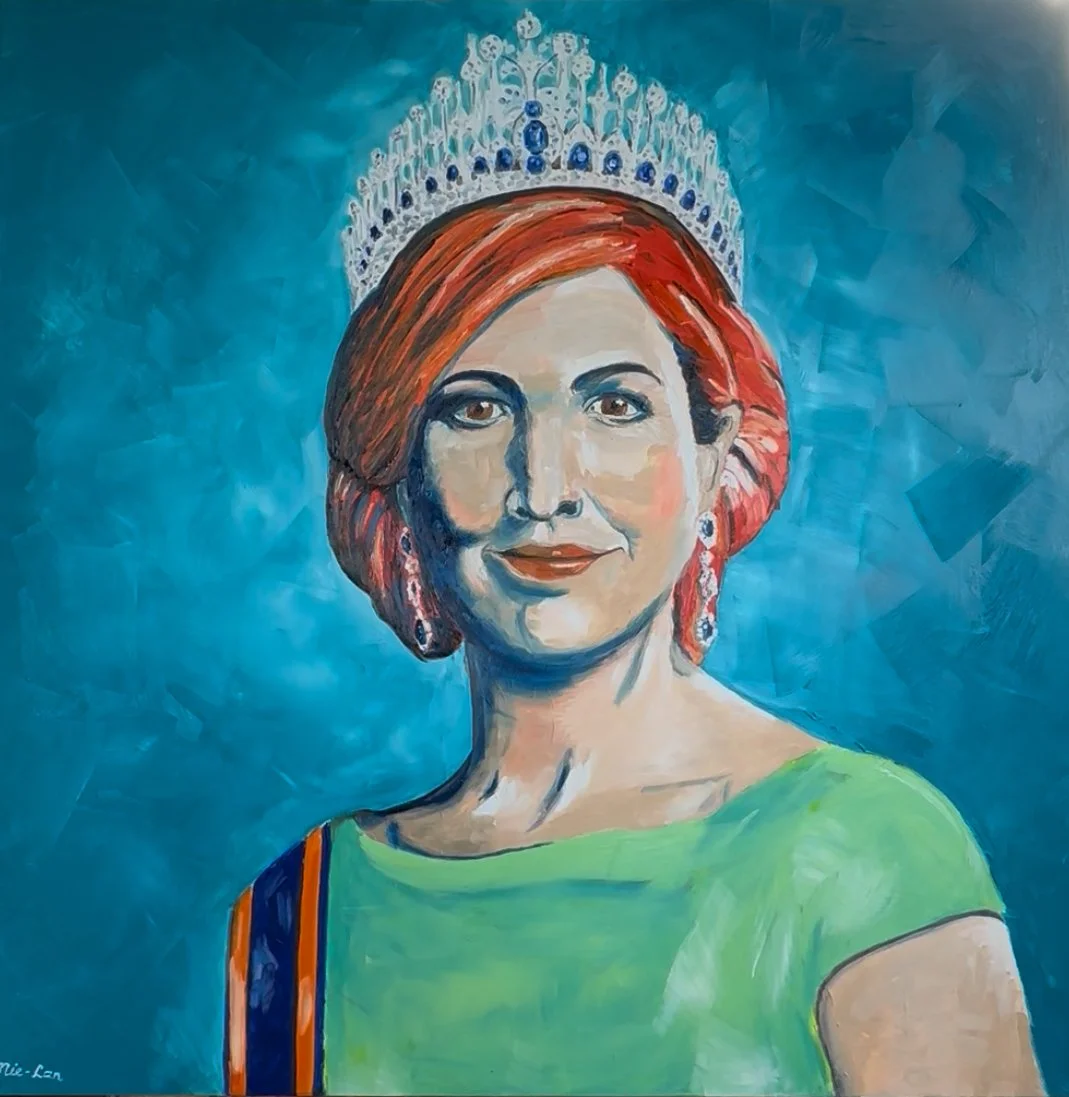 NAME: Maxima
DESCRIPTION: This portrait of Queen Maxima captures her wearing a crown and elegant earrings, radiant and full of energy. Rather than a traditional, formal depiction, she is painted in a loose, expressive style with bold, vibrant colors 