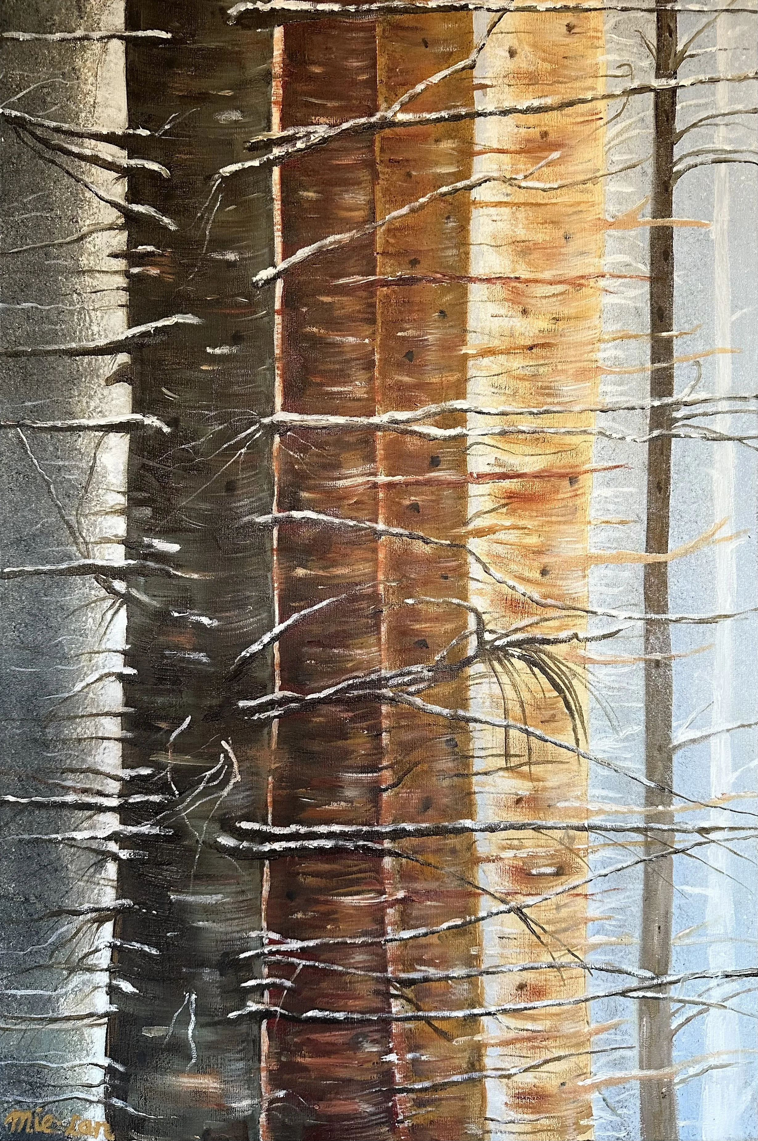 NAME: Tree Trunks
DESCRIPTION: This enchanting artwork captures the quiet elegance and natural splendor of the winter season, inviting viewers to immerse themselves in the tranquility of the forest. The subdued palette and soft lighting evoke a sense