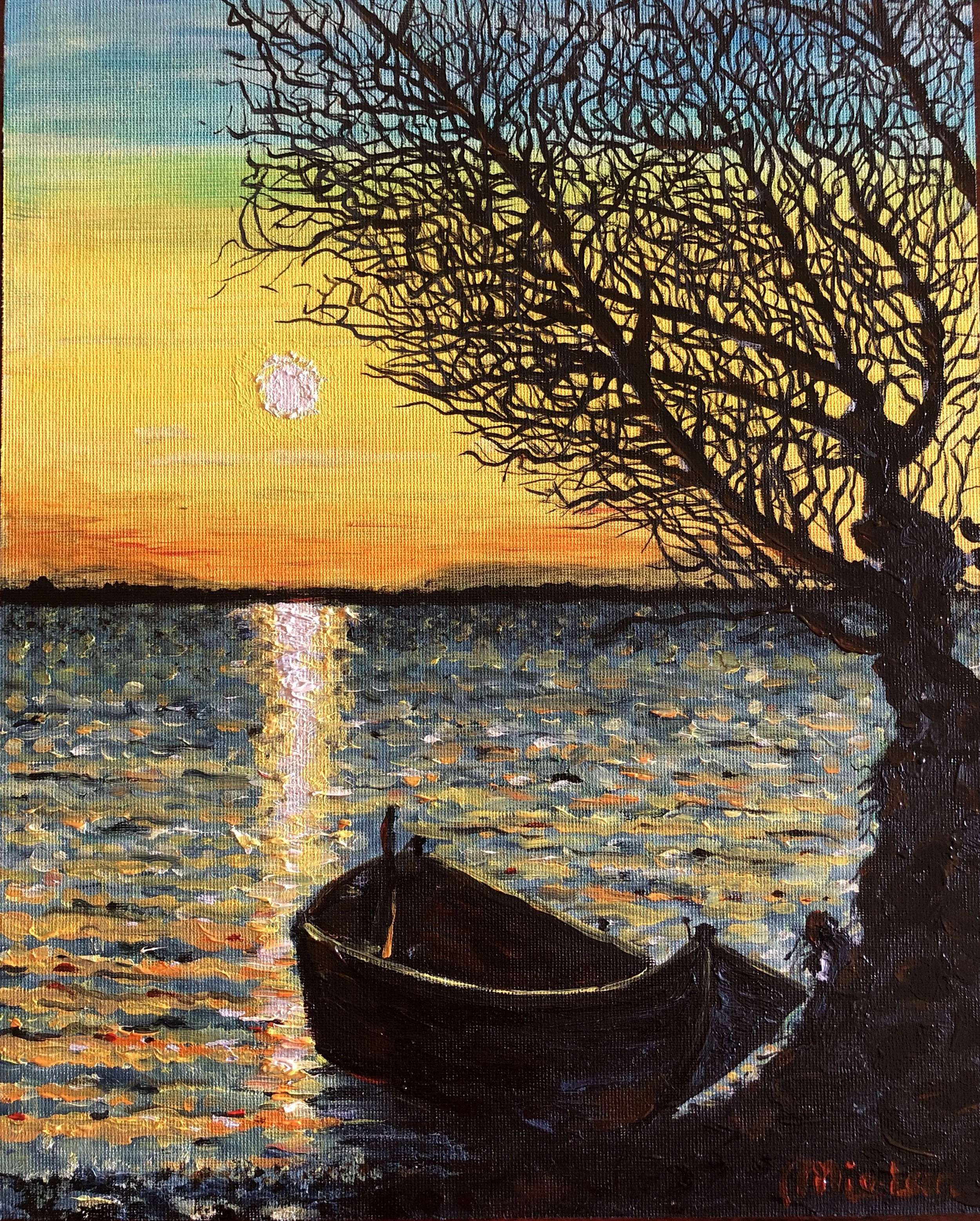 NAME: Floating Sunset DESCRIPTION: This painting celebrates the mesmerizing allure of the sunset, with warm hues of orange, pink, and gold illuminating the sky and casting a radiant glow upon the tranquil waters below. I love how the yellow flows int