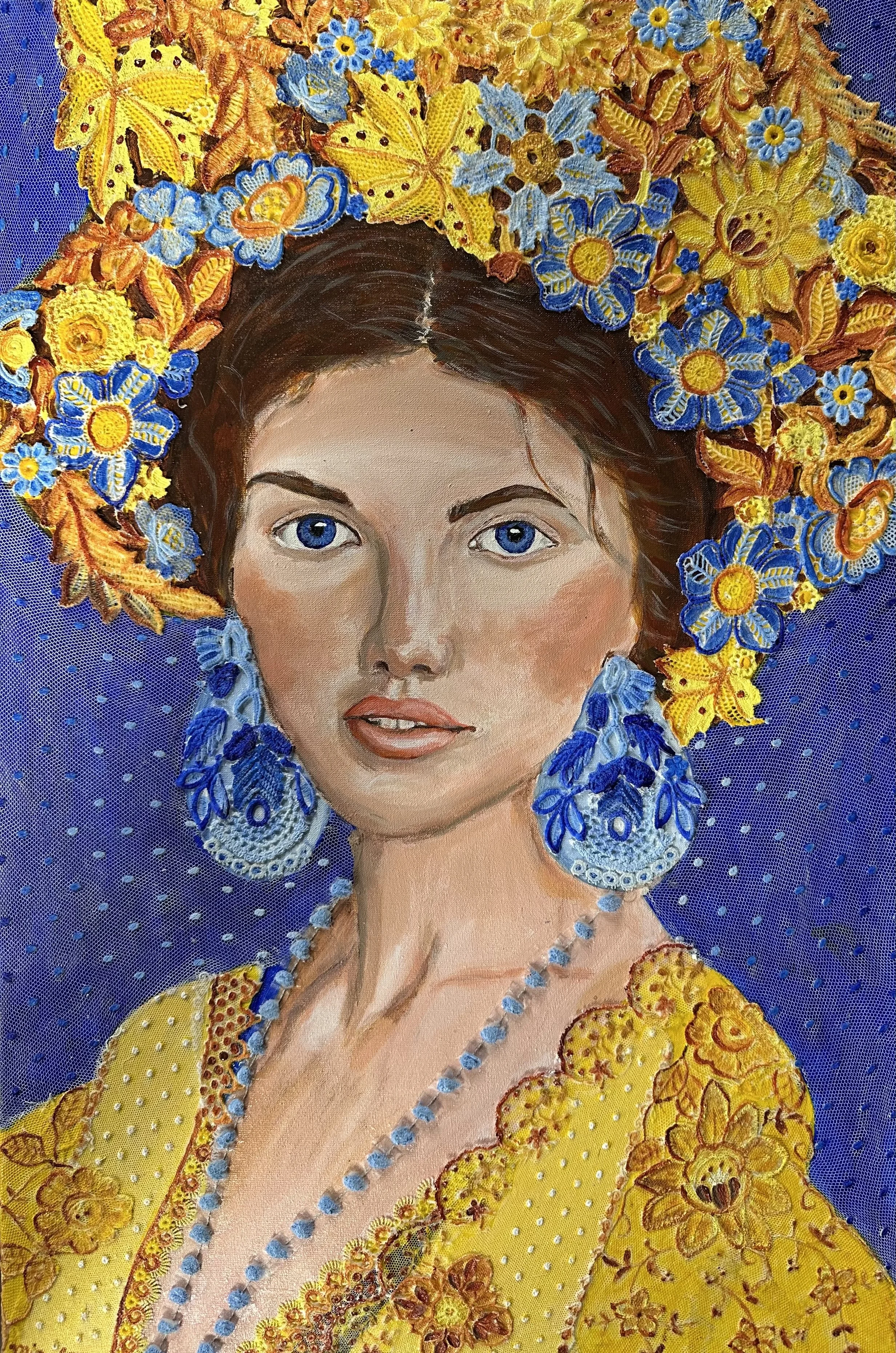 NAME: Svetlana
DESCRIPTION: This mixed media painting is part of a series of three portraits depicting Ukrainian women wearing traditional flower crowns, a powerful symbol of national identity and resilience. Each portrait is rendered entirely in the