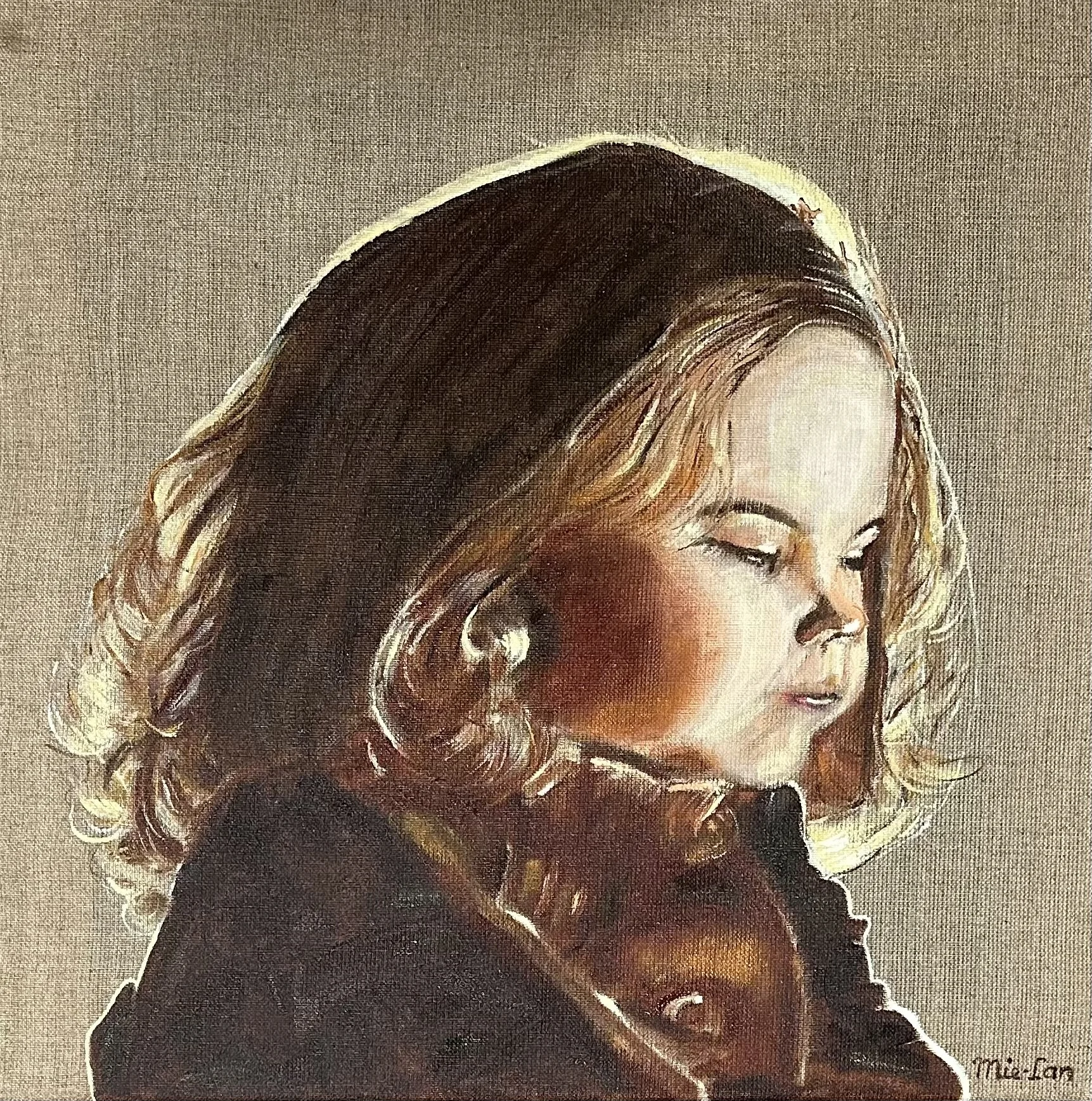 NAME: Girl in the light DESCRIPTION: In this portrait, a young girl’s face is beautifully bathed in light, her expression calm and thoughtful. The soft illumination highlights her gentle features, symbolizing purity and hope. As part of a series wher