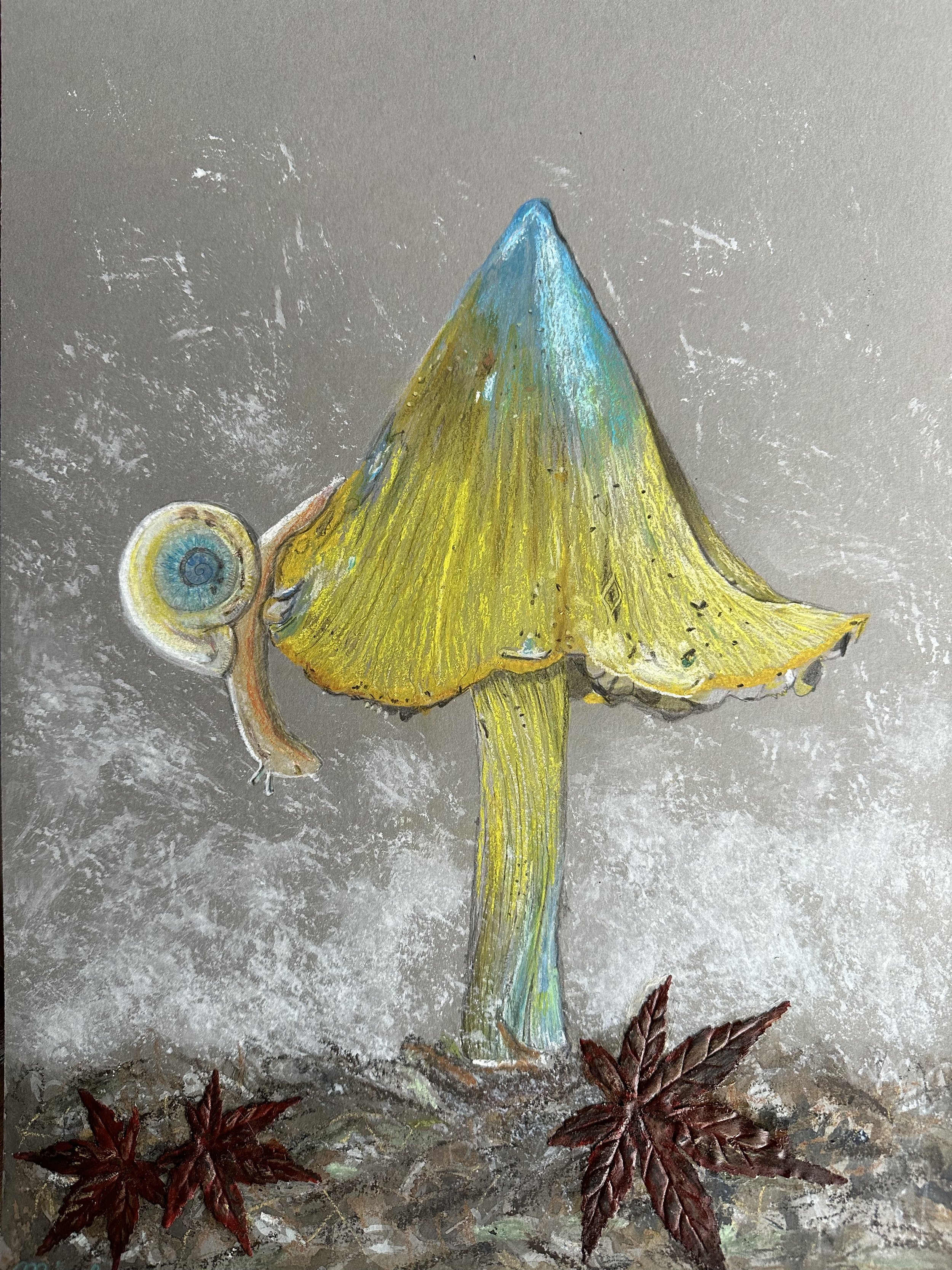 NAME: Misty Mushroom
DESCRIPTION: Crafted with precision and care, this drawing captures the intricate beauty of the mushroom and snail with remarkable realism and detail. The drawing serves as a celebration of the harmony and balance found in nature