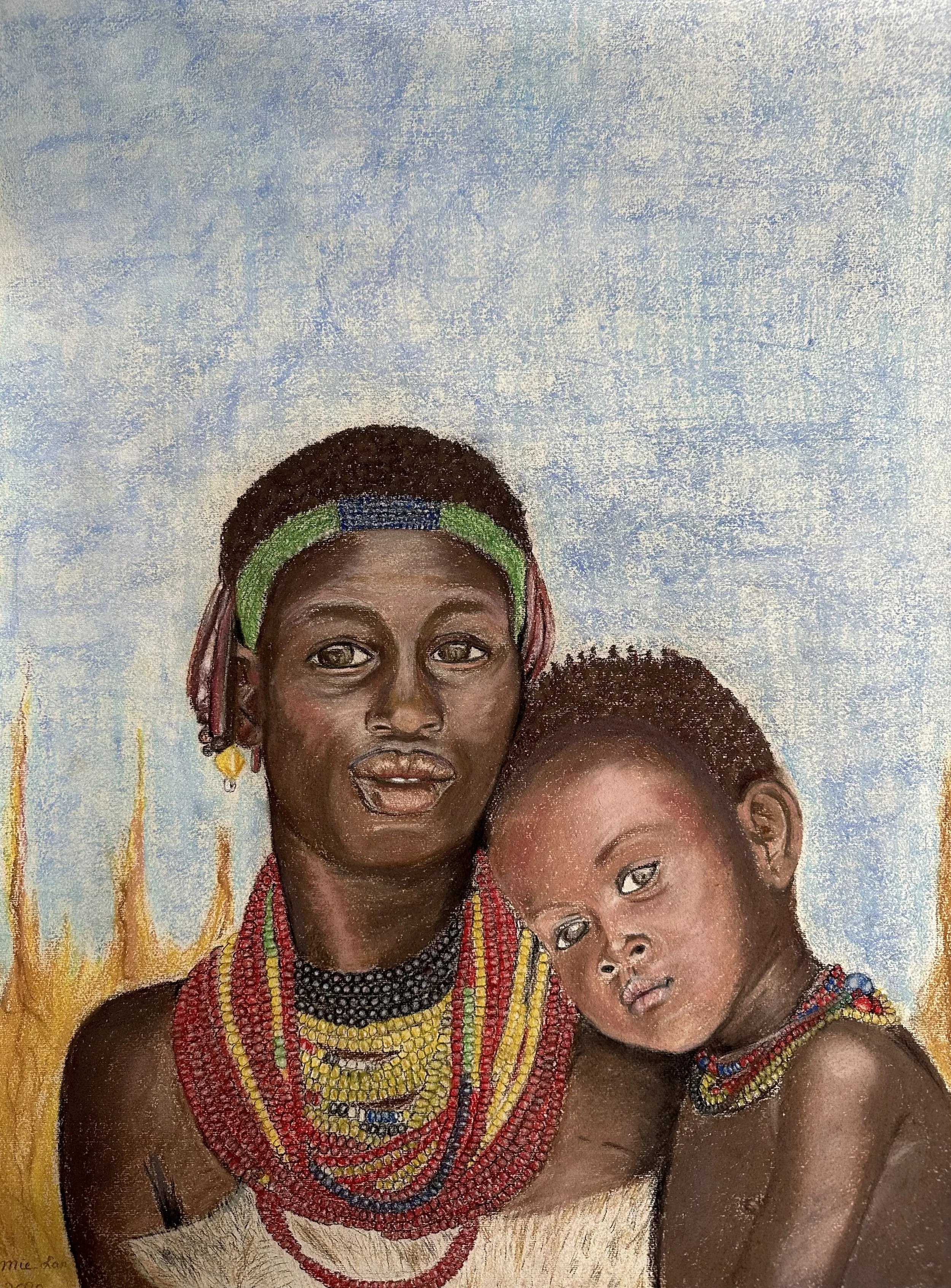 NAME:  African Beads DESCRIPTION: This drawing beautifully portrays the tenderness and love shared between the African woman and her baby, capturing the essence of maternal care and affection. The bond between mother and child is celebrated with auth