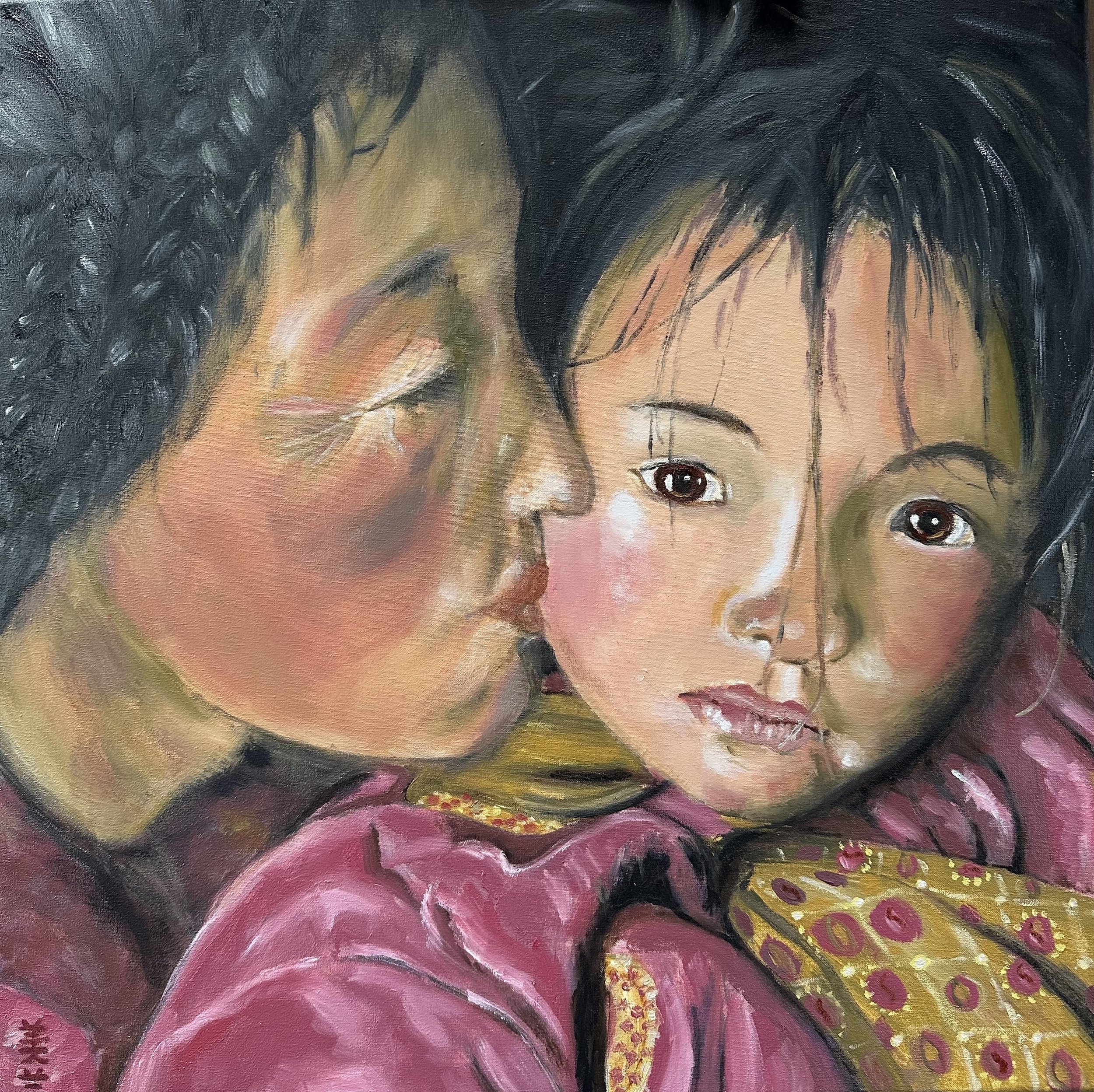 NAME: Tibetan Mother with Child DESCRIPTION: The painting portrays a Tibetan mother and child dressed in traditional clothing. The child gazes dreamily at the viewer, while the mother lovingly kisses her little one. The color palette is subdued, emph