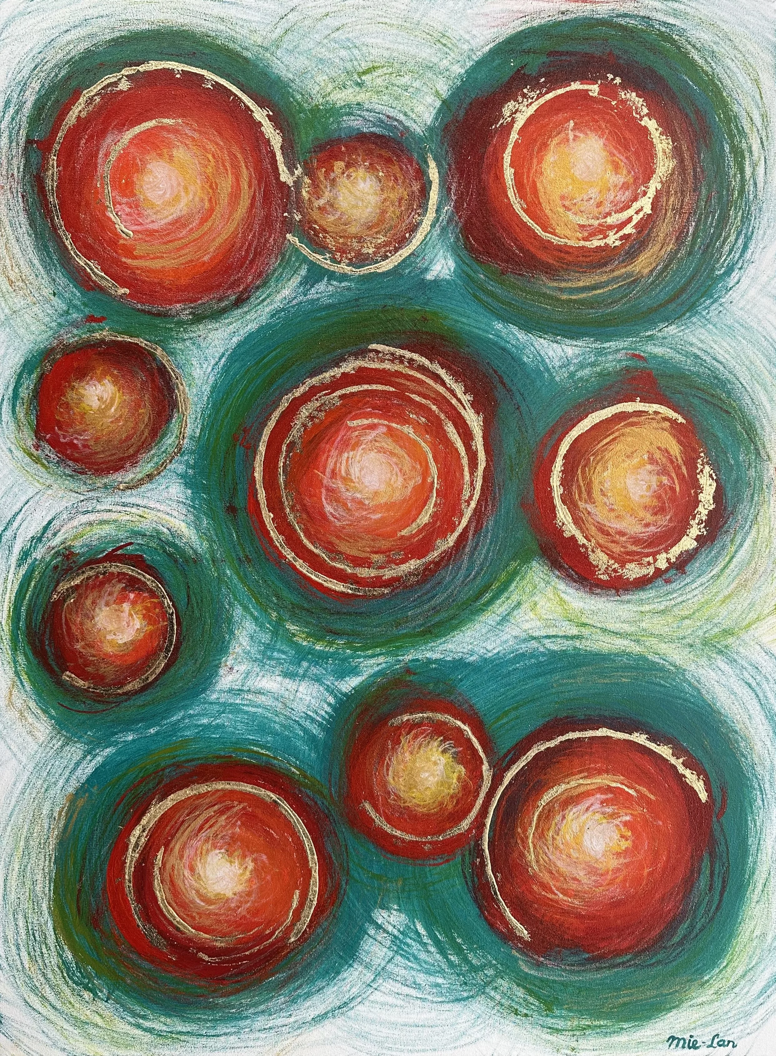 NAME: Toward the Light DESCRIPTION: This abstract painting, the second in a series of three, features dynamic green circles touched with shades of red, orange, and yellow, all moving toward the light. Created after a challenging period, it reflects a